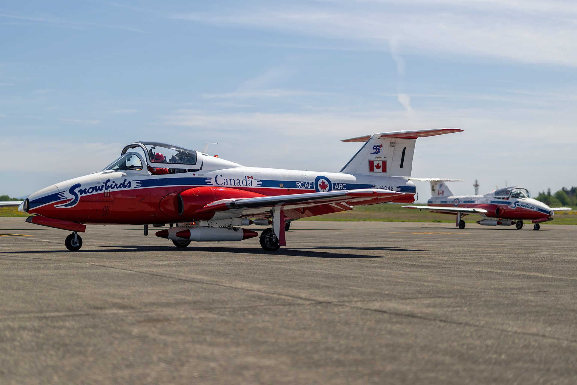 Snowbird 1, piloted by the Team Lead, leads a line of CT-114 Tutor jets along the flight line during spring training at CFB Comox, British Columbia. Fine art aviation photography by Kevin Prentice.