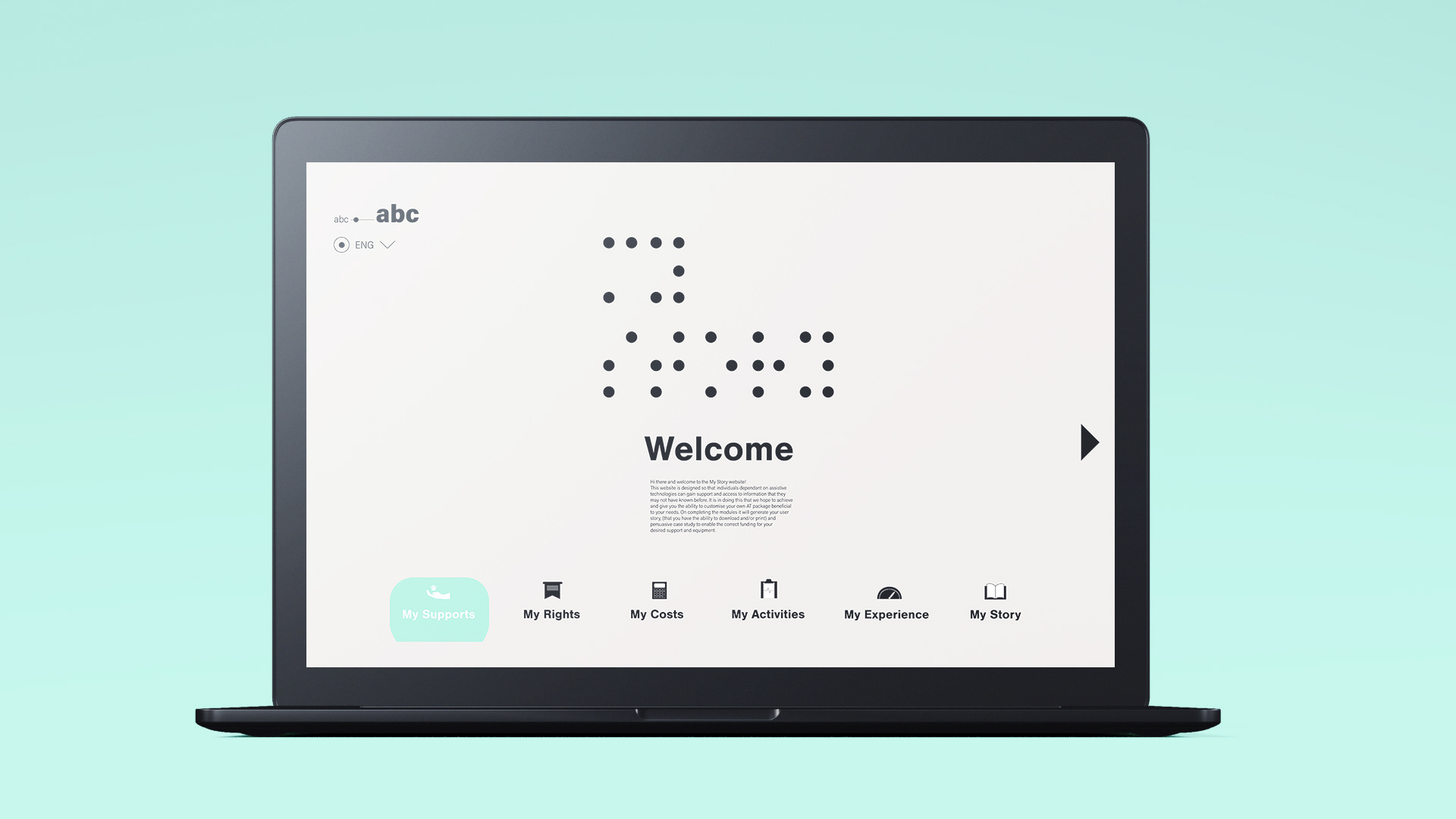"My Story" Welcome page displayed on a laptop