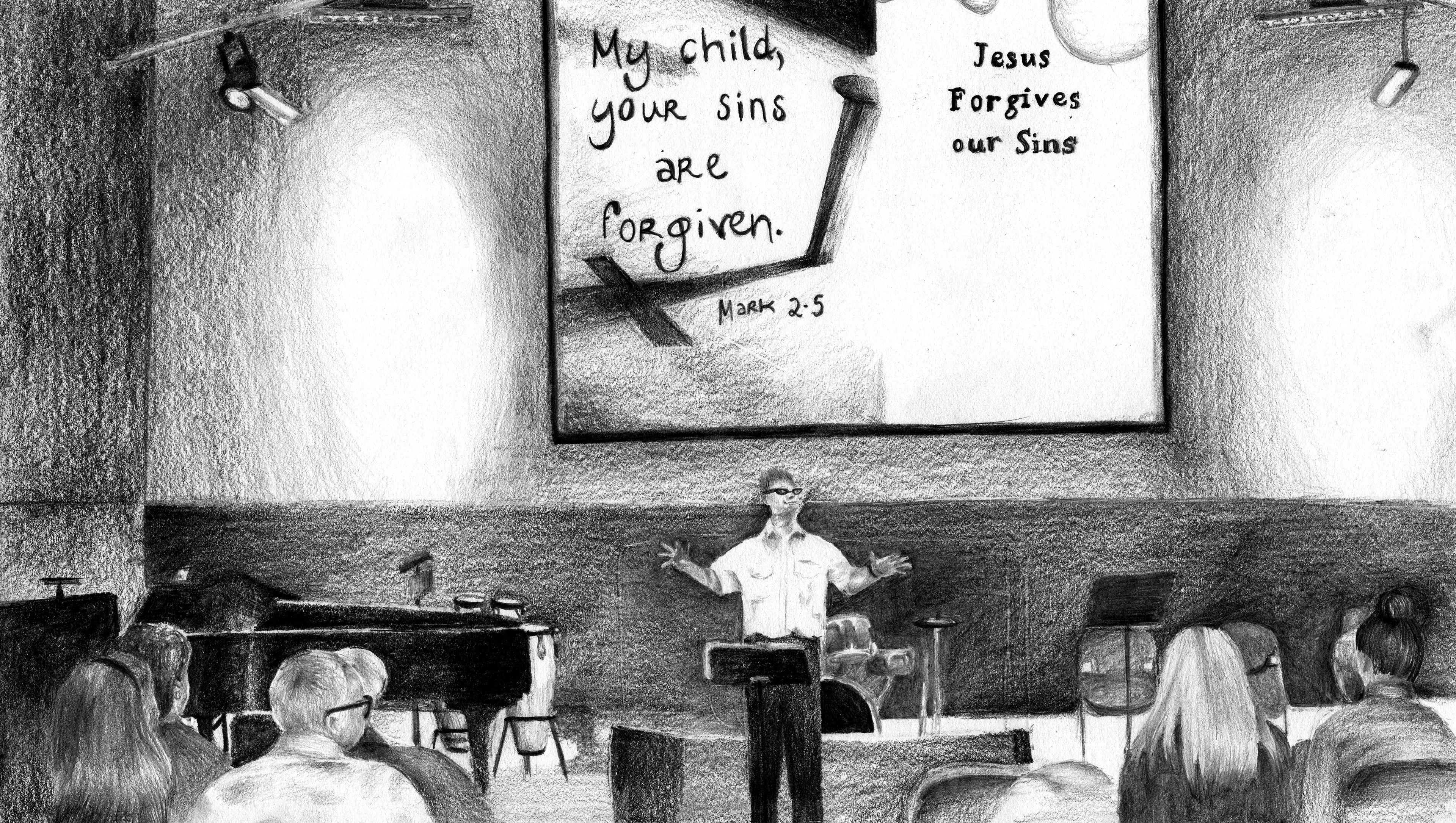 In attendance of the church service, the pastor is standing in the middle of the platform, speaking to the congregation.