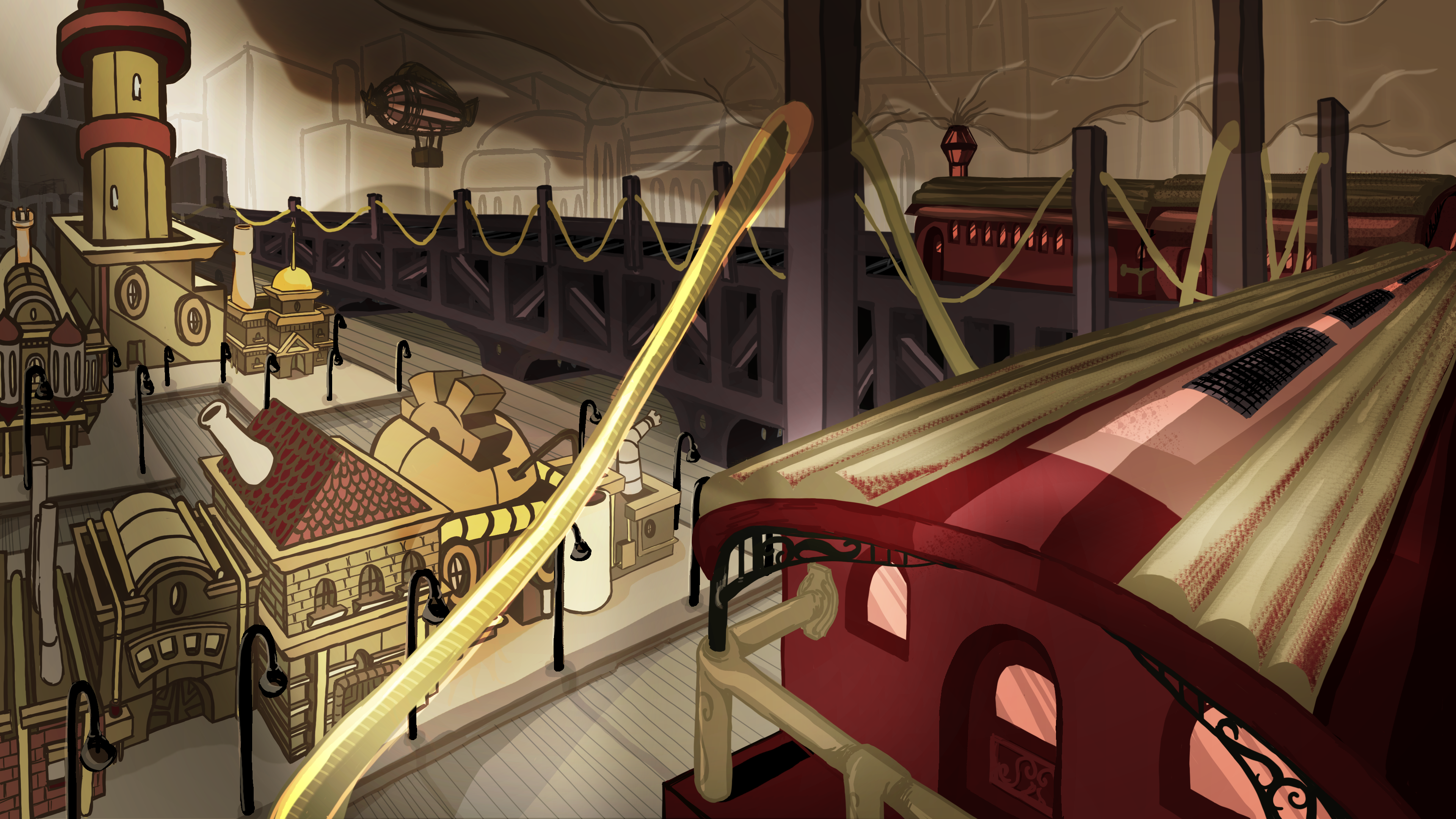 Steampunk Renaissance Concept Art. A township highly polluted by constant incoming steam trains.
