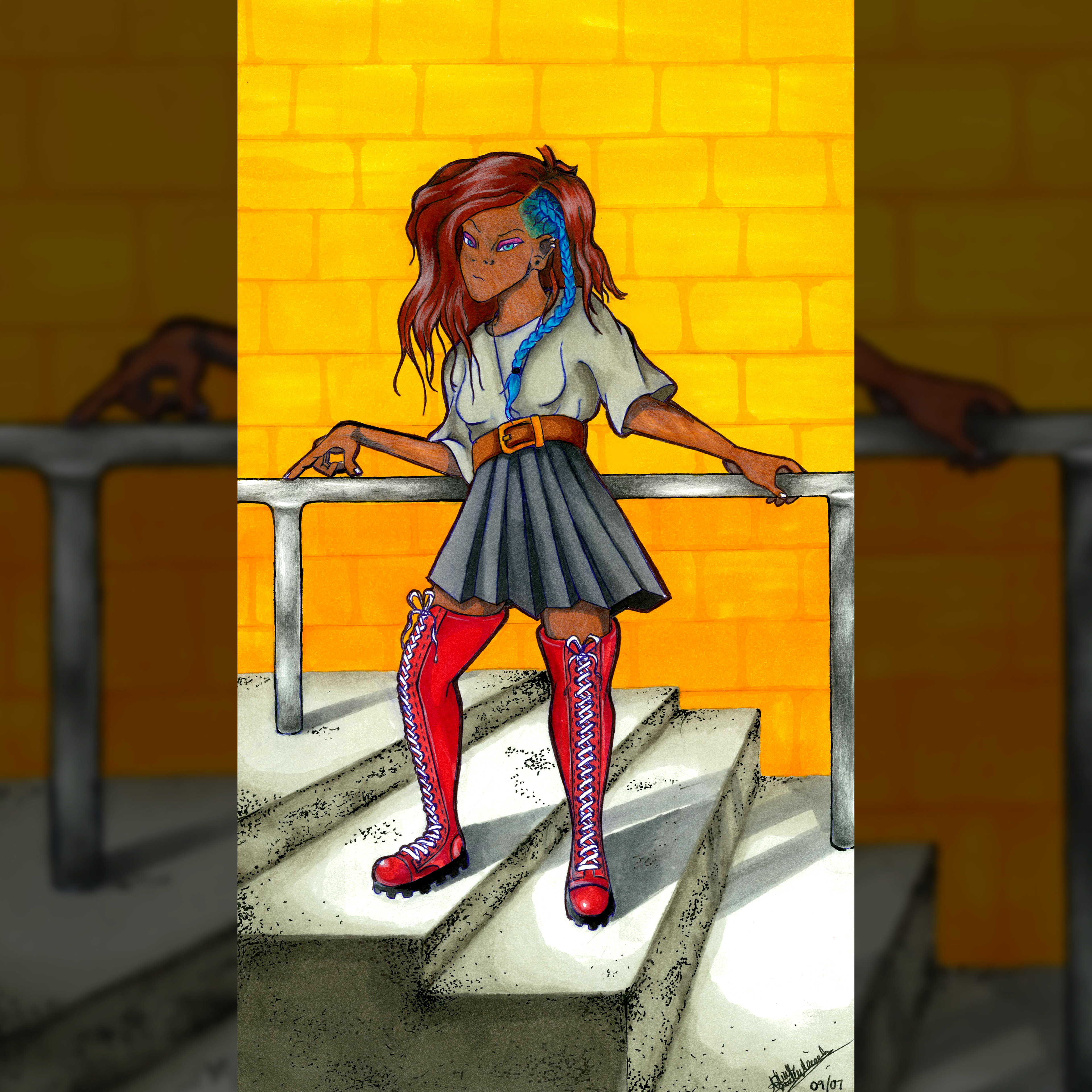 Urban Street Girl - Hand drawn girl leaning against a metal bar/fence with her hands grabbing it on either side. 