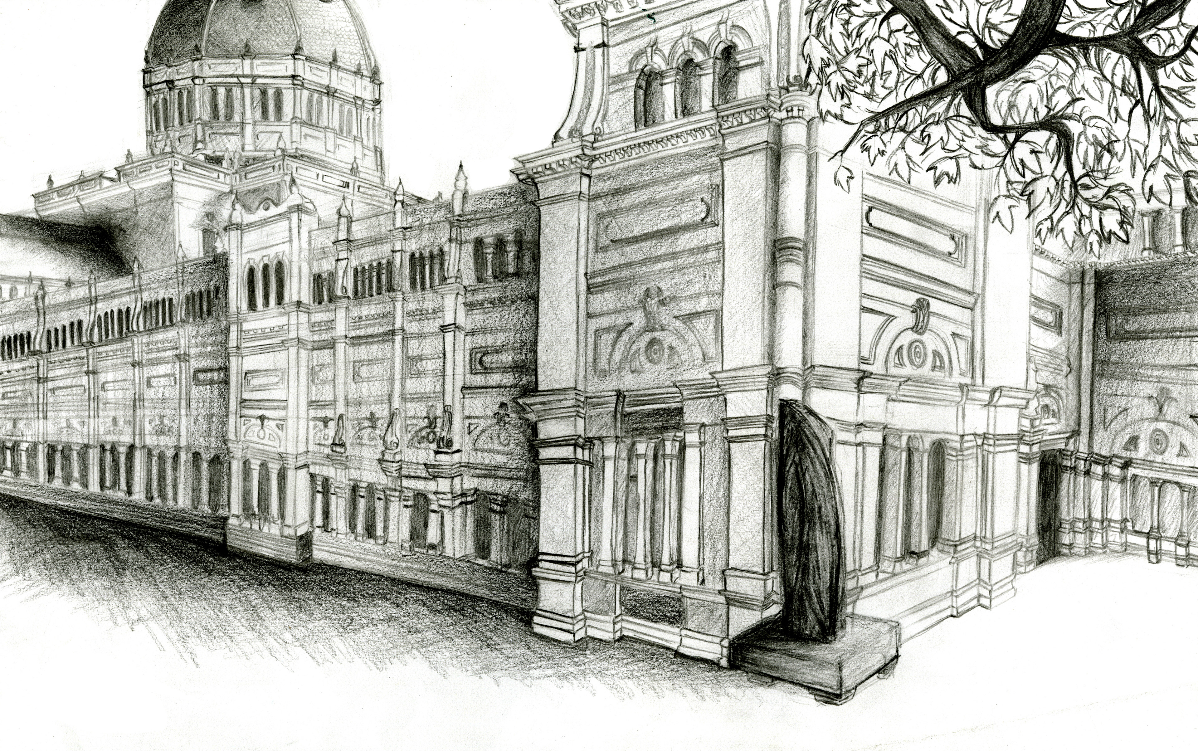A still life drawing of the Royal Exhibition Building. A graphite pencil drawing, completed on-site that took five hours in total.