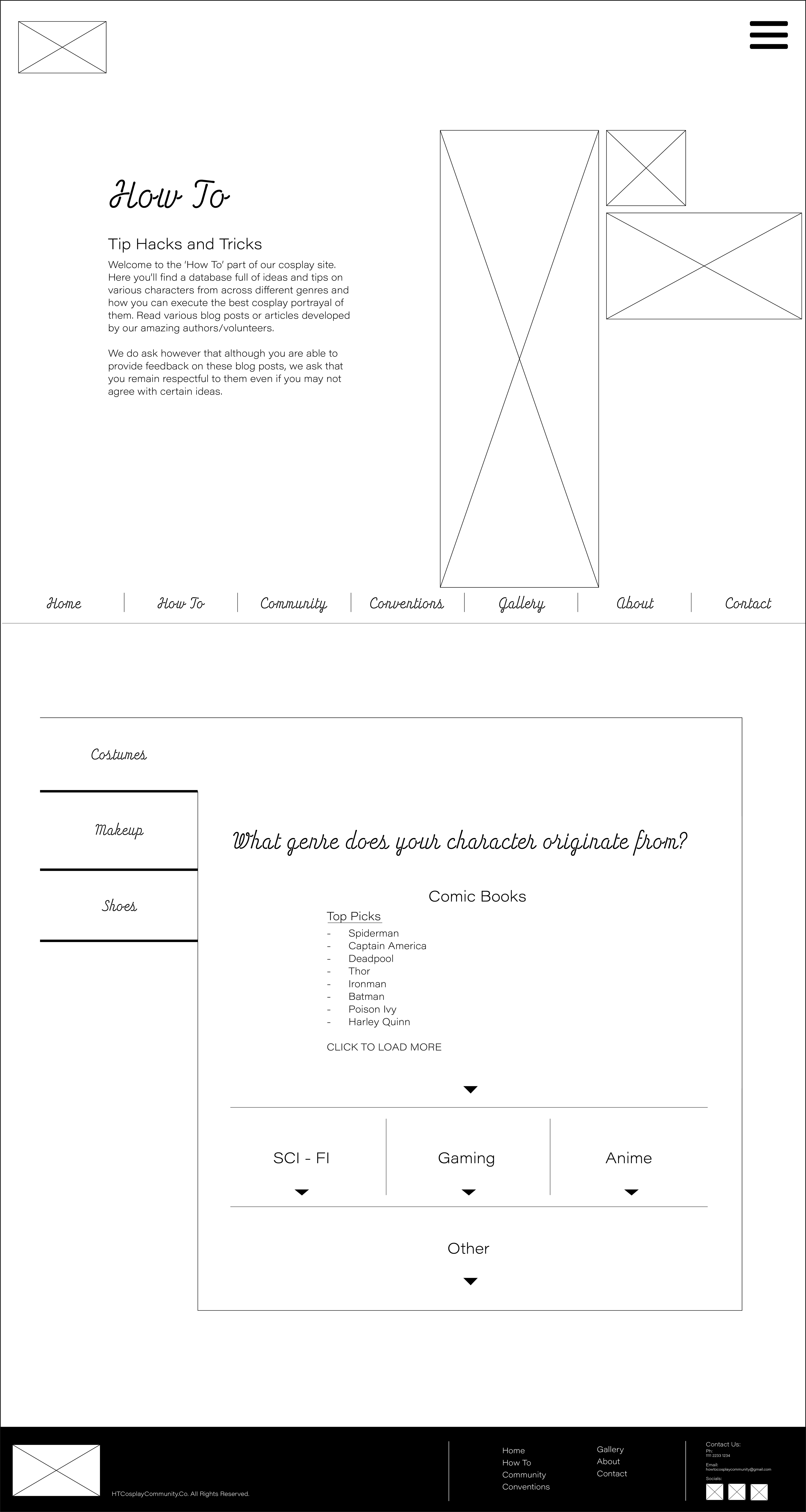 How To Cosplay Community - How To page Wireframe