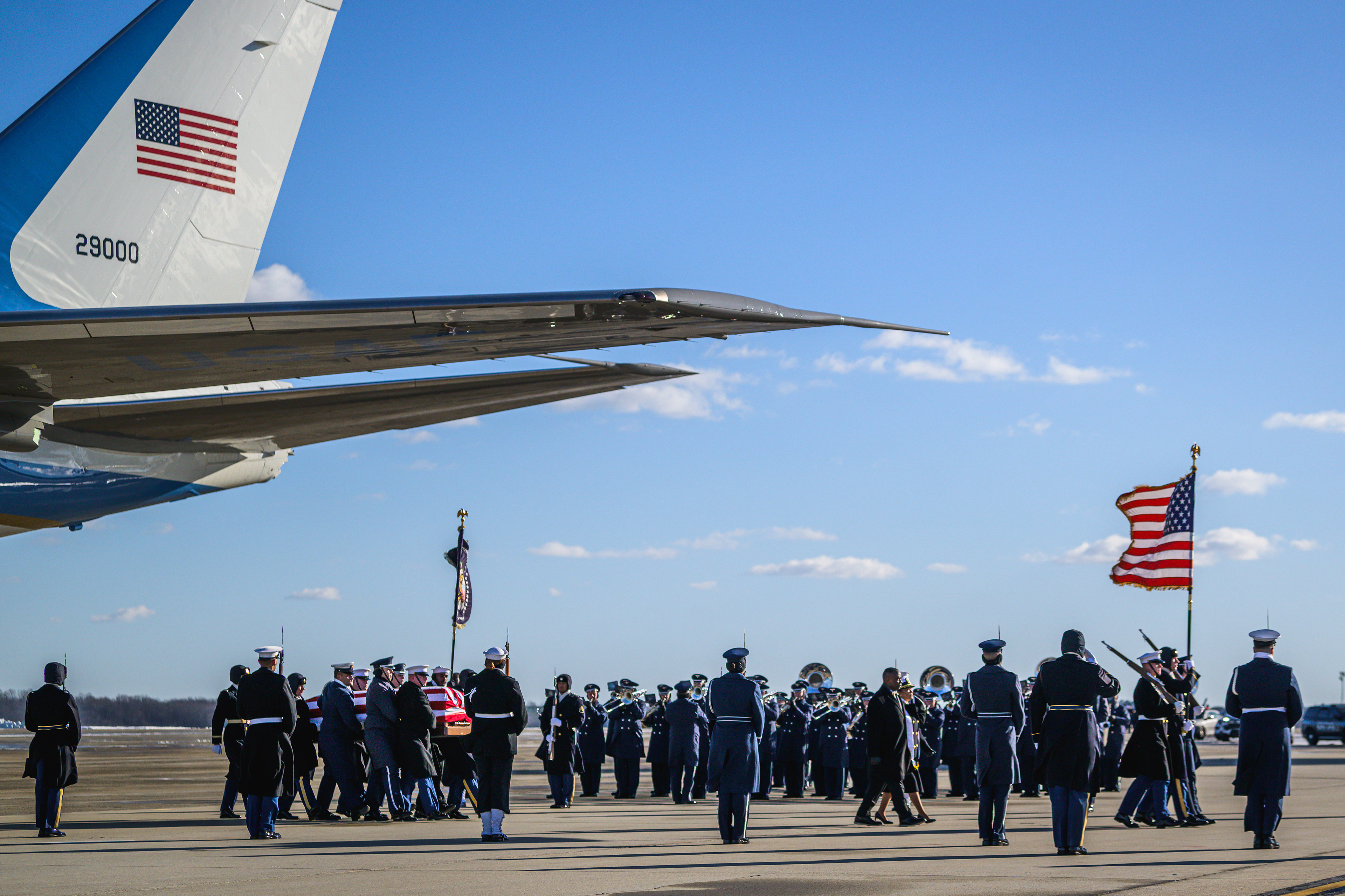 The Joint Service Honor Guard carries the casket of former president Jimmy Carter Special Air Mission 39 at Joint Base Andrews, Md., Jan. 7, 2025. Carter, the 39th president of the United States and 2002 Nobel Peace Prize recipients for his humanitarian efforts, passed away on December 29, 2024, at this home in Plains Georgia, at the age of 100. (DoD photo by Henry Villarama)