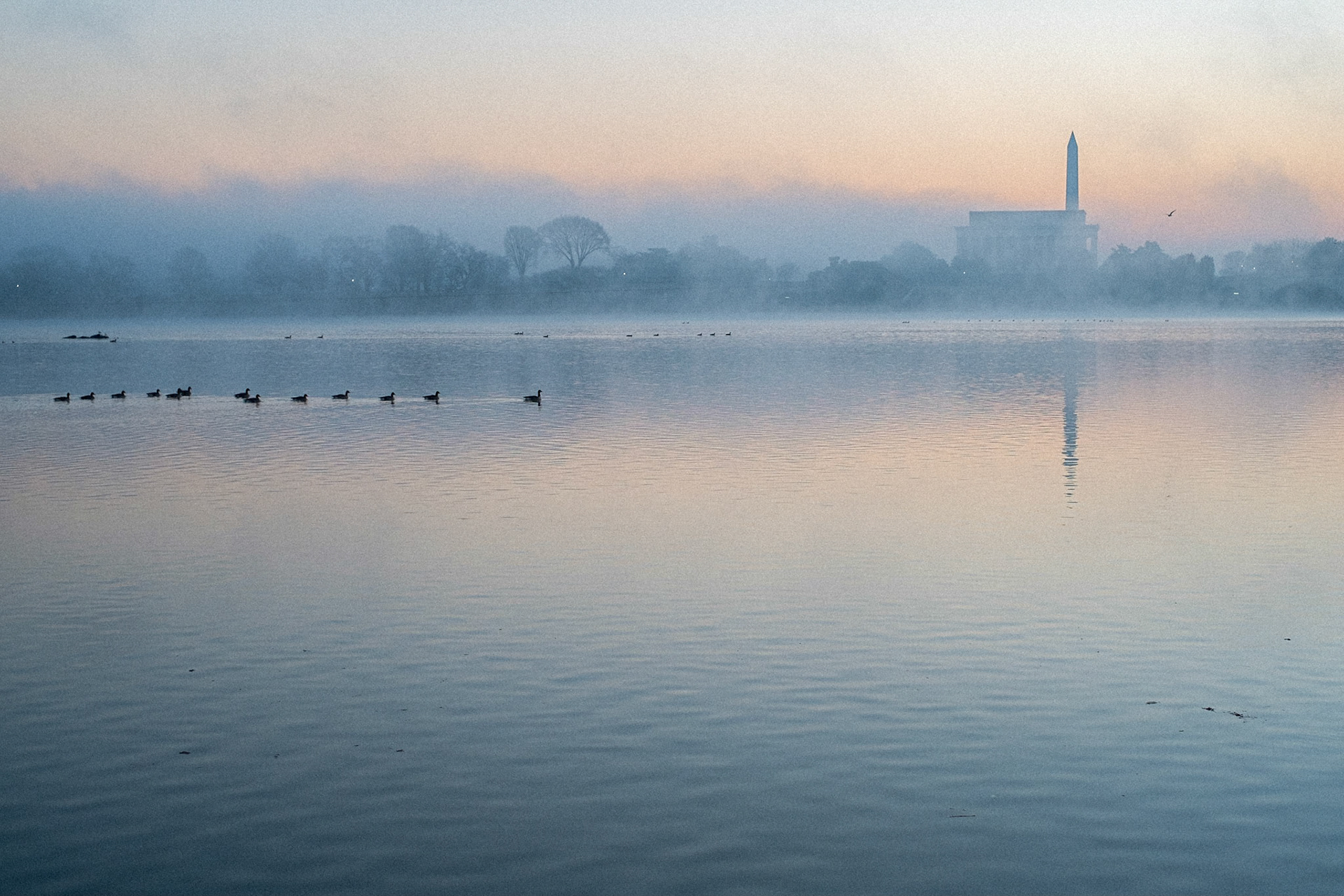 Bicycling America I, A View of the Lincoln Memorial and Washington Monument on a Frosty, Early November Morning, 2015. This was my first night camping after leaving Annapolis two days previous (I stayed with a friend of a friend in D.C. my first night.). I was camped in a very obvious location, so did not setup my tent, right along the banks of the Potomac, just across the Arlington Memorial Bridge. It was a cold morning, but an extraordinary one: the colors, the movement of the fog as it was carried of in tiny shreds by the gentle wind, the quiet, the stillness, the birds gliding over the water like spirits, the feeling of aliveness that the frosty air brought....