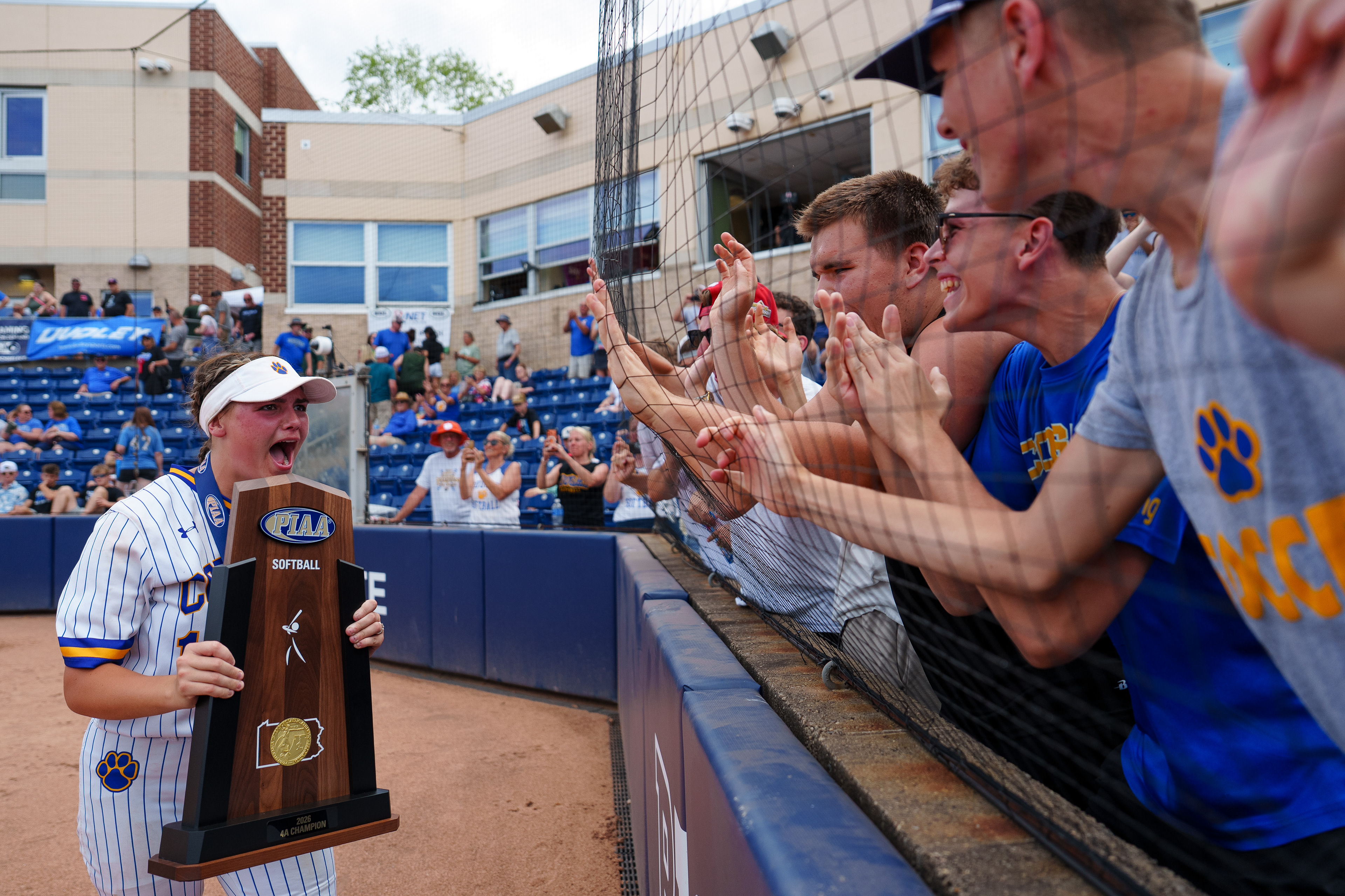 Valley View’s Zoie Krupovich celebrates with fans after winning the PIAA Class 4A softball championship against Blackhawk at Nittany Lion Softball Park in State College, Pa.