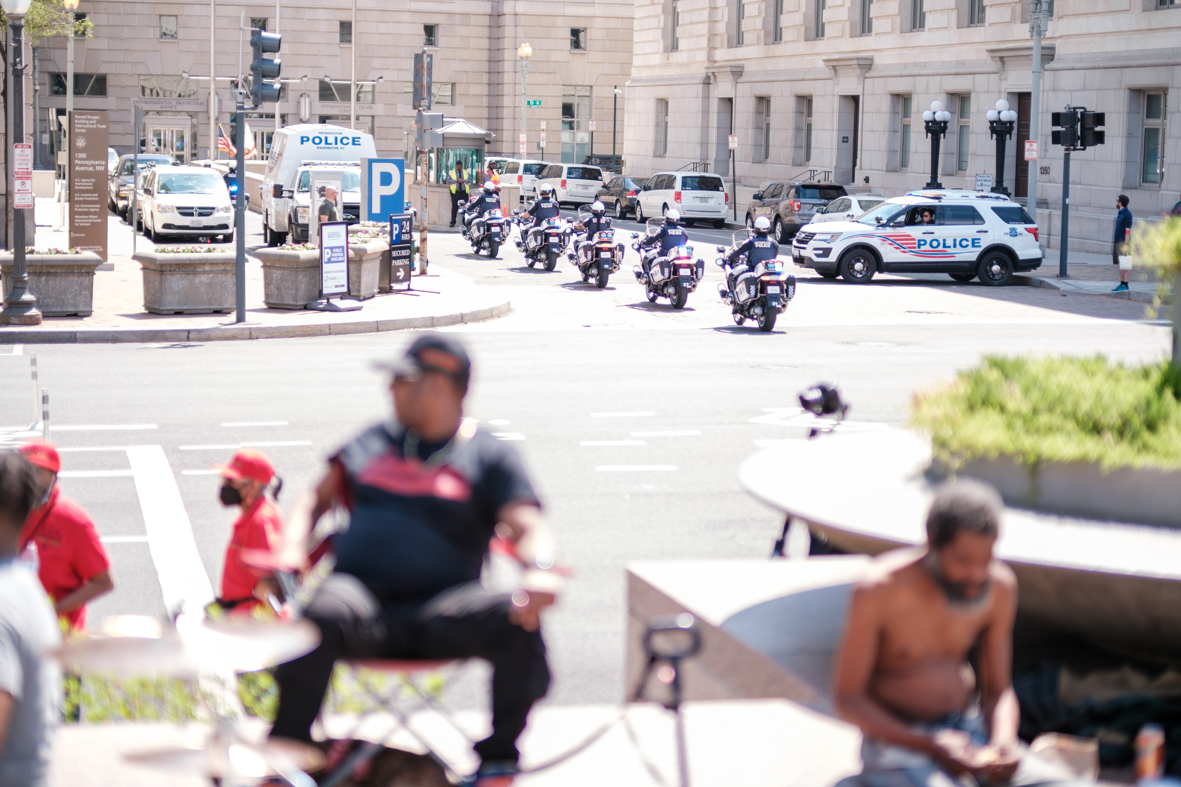 Police motorcade pulling off of the parade route