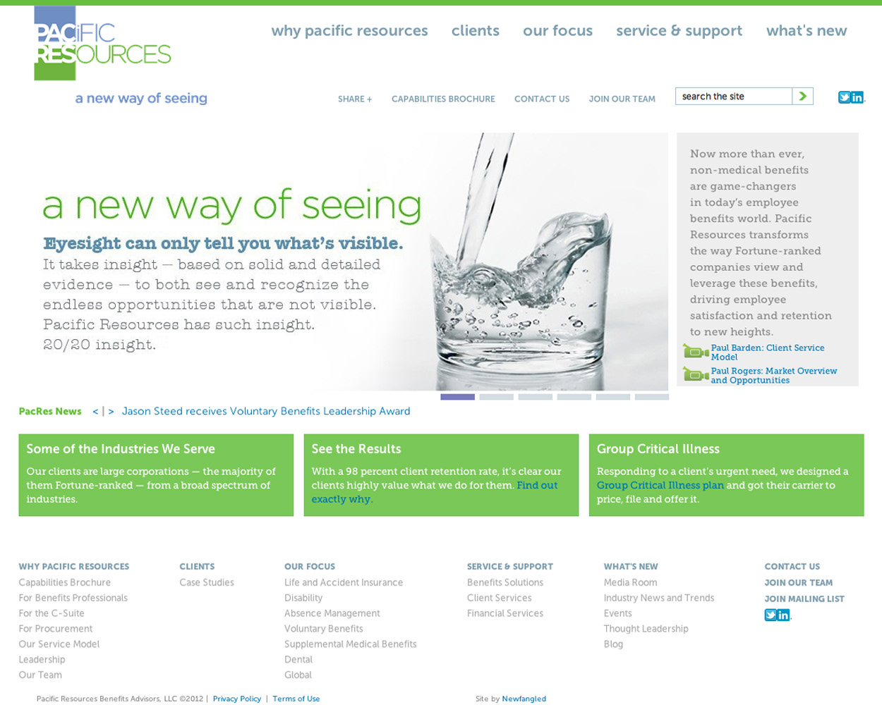 The obvious way to visually execute a campaign for "a new way of seeing" would be to show a bunch of things we see with -- eyeglass, binoculars, microscopes, and so on. Pacific Resources took my recommendation instead and bought a highly conceptual approach, featuring a unexpected visuals like a lock-magnet (to demonstrate Pacific Resources’ ability to attract and retain the best employees for their clients) and an invisible water glass (to illustrate talent for discovering solutions their competitors missed; in short, their 20/20 insight).