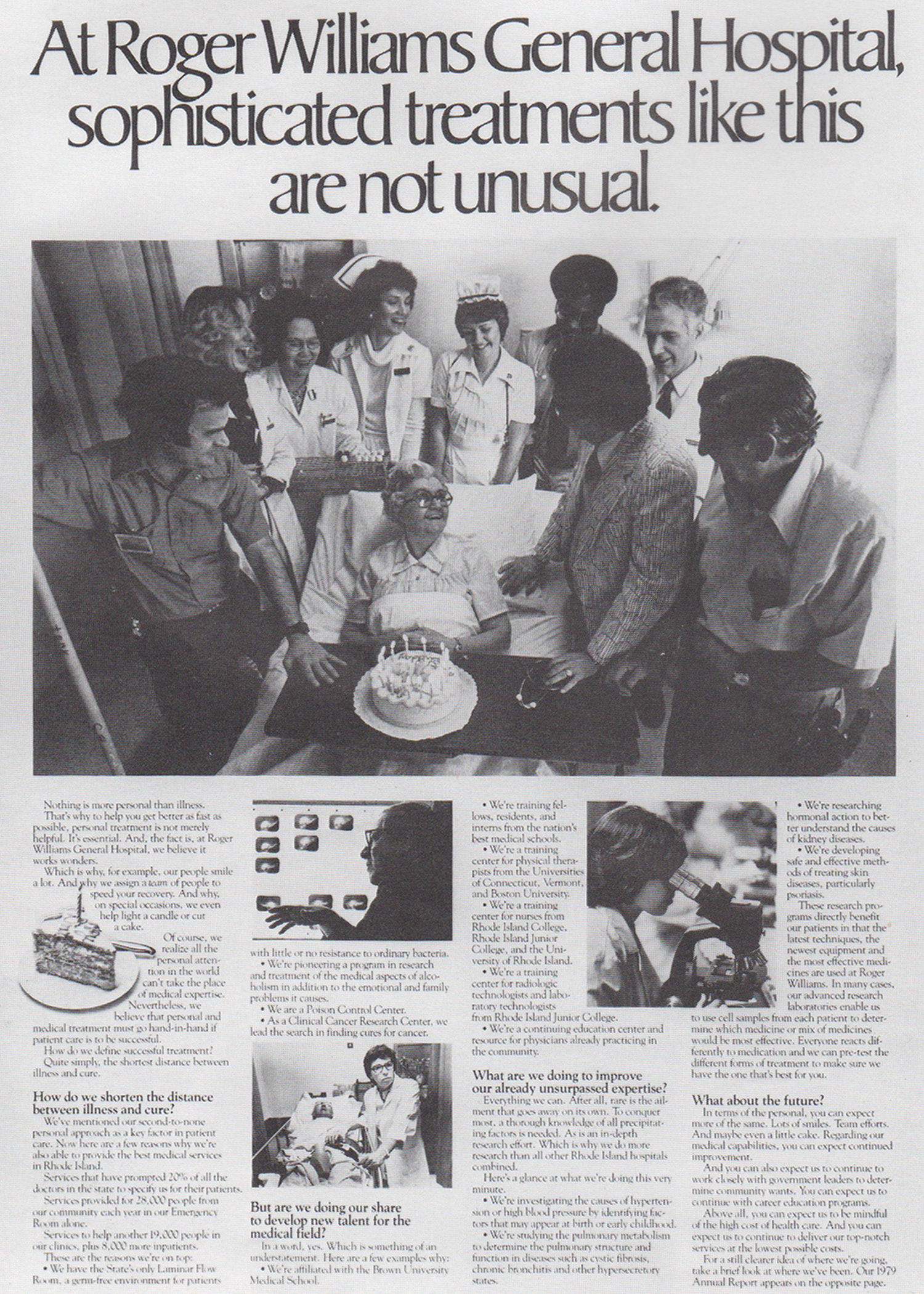 This First Place Hatch Award winner appeared in the Providence Journal as a full-page spread. Essentially the hospital's annual report, the ad's right-hand page contained the year's financials.