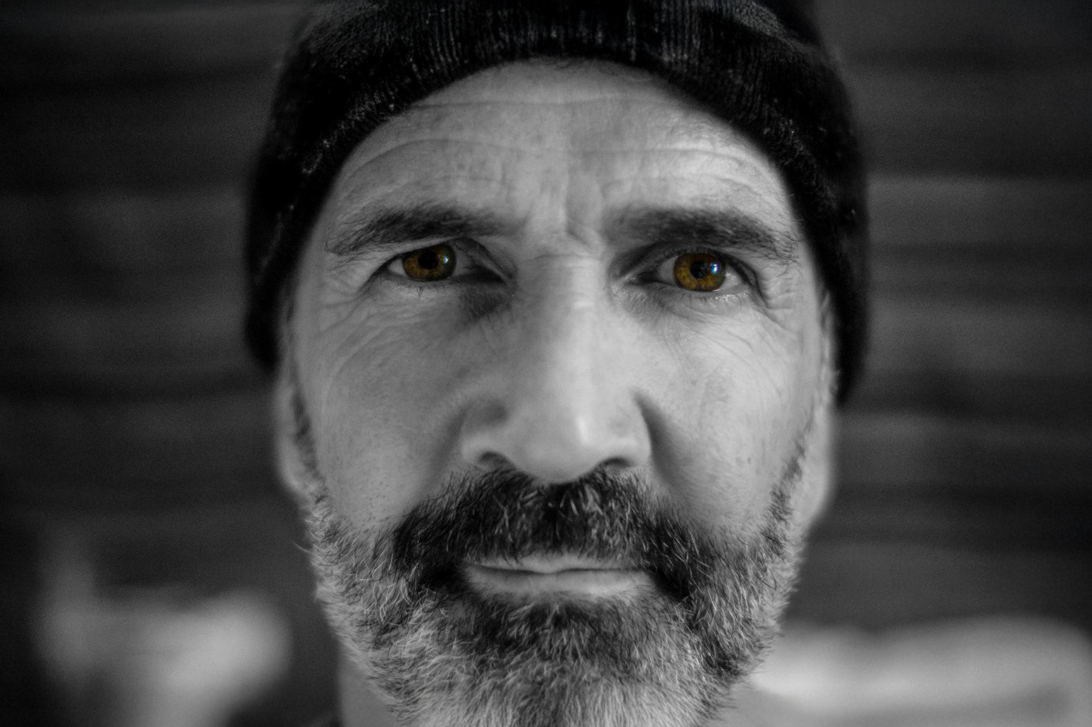 A black and white closeup of Kieran McConville