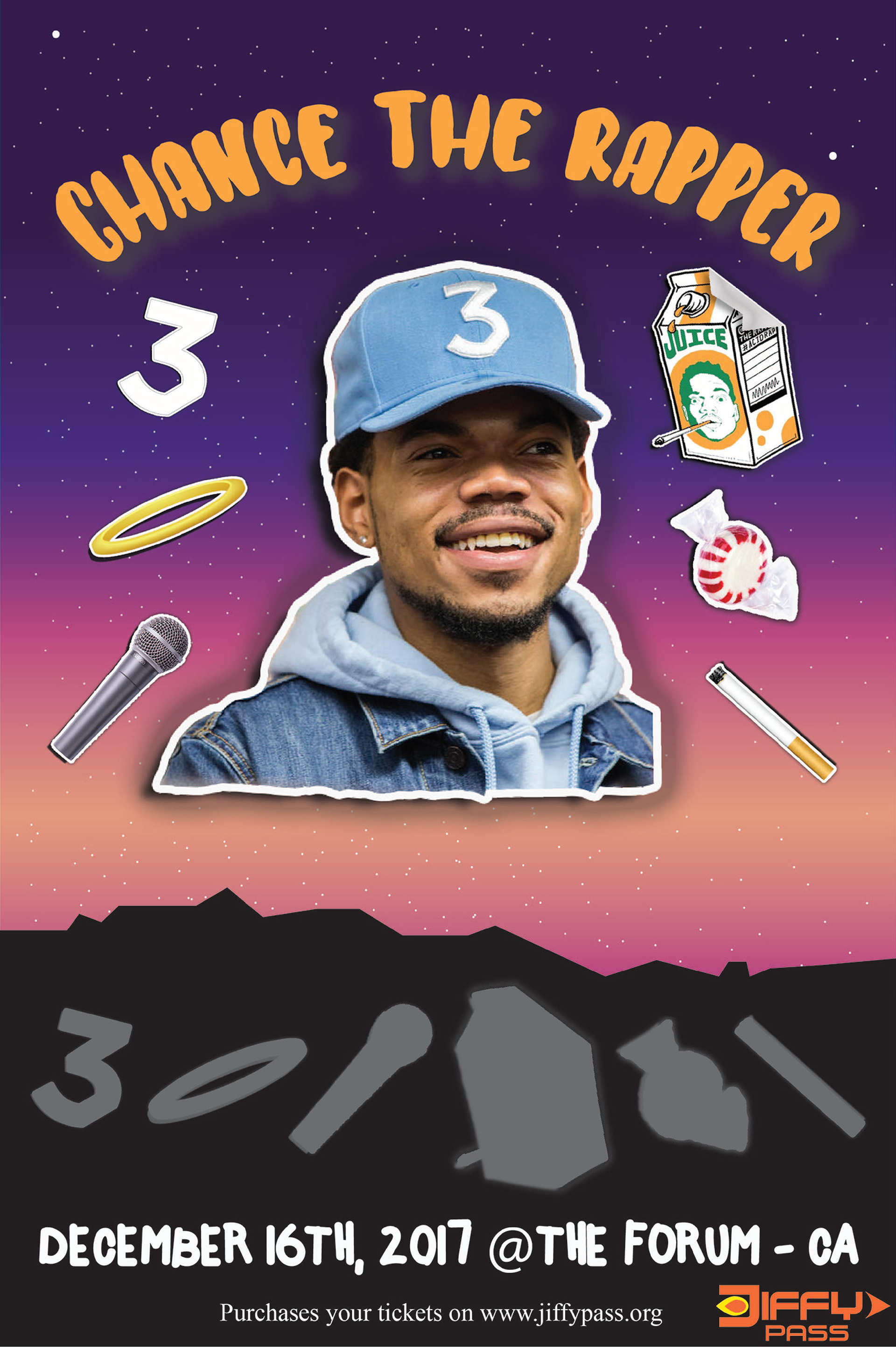 A Chance the Rapper Poster made for my Graphic Design I project made through Adobe Illustrator, and Photoshop. The idea of the poster is to have a bunch of references towards Chance’s albums AcidRap and Coloring Book. The 6 items around him are also references to some of his most popular songs.