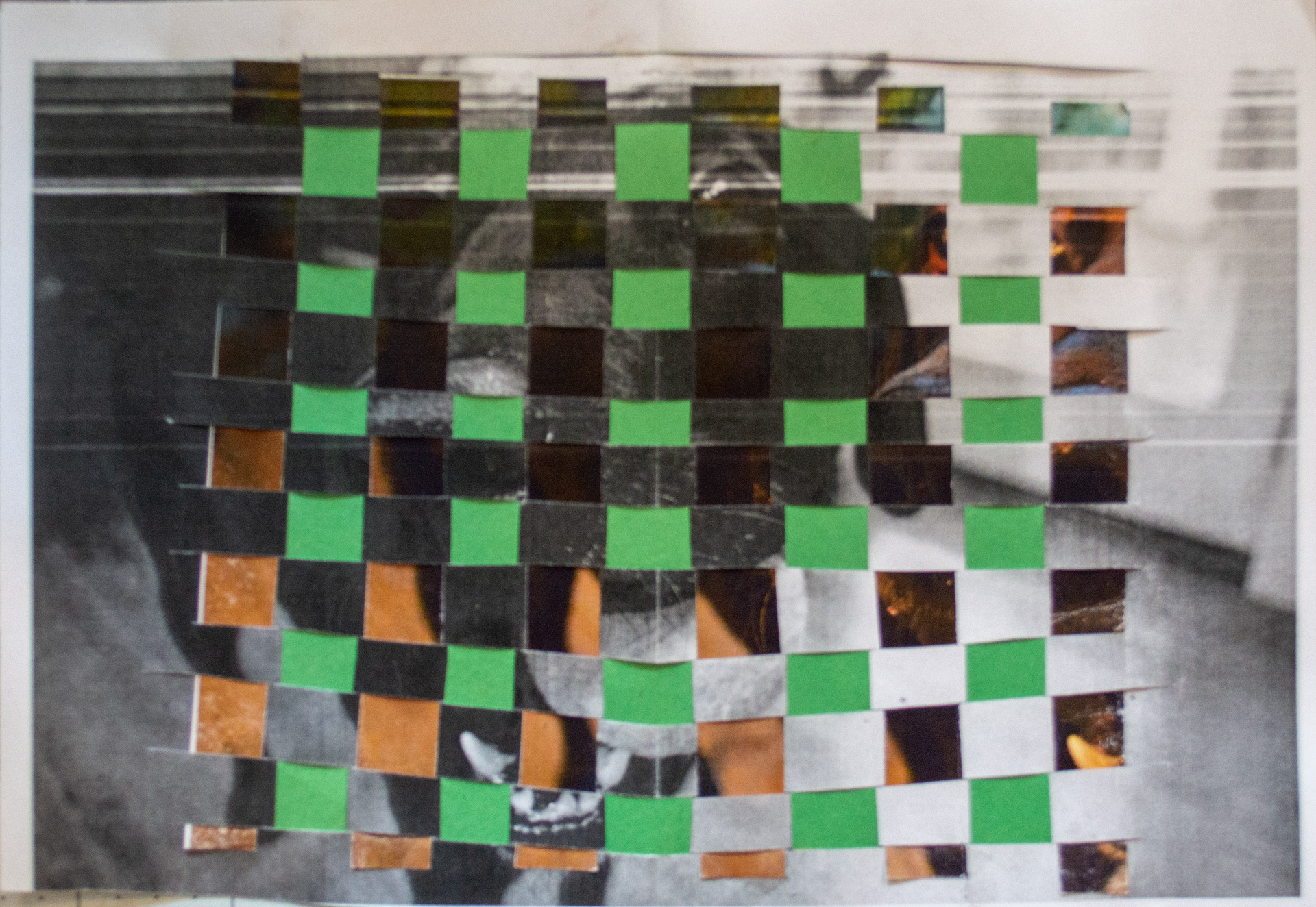 Paper weaving with original photography and green construction paper