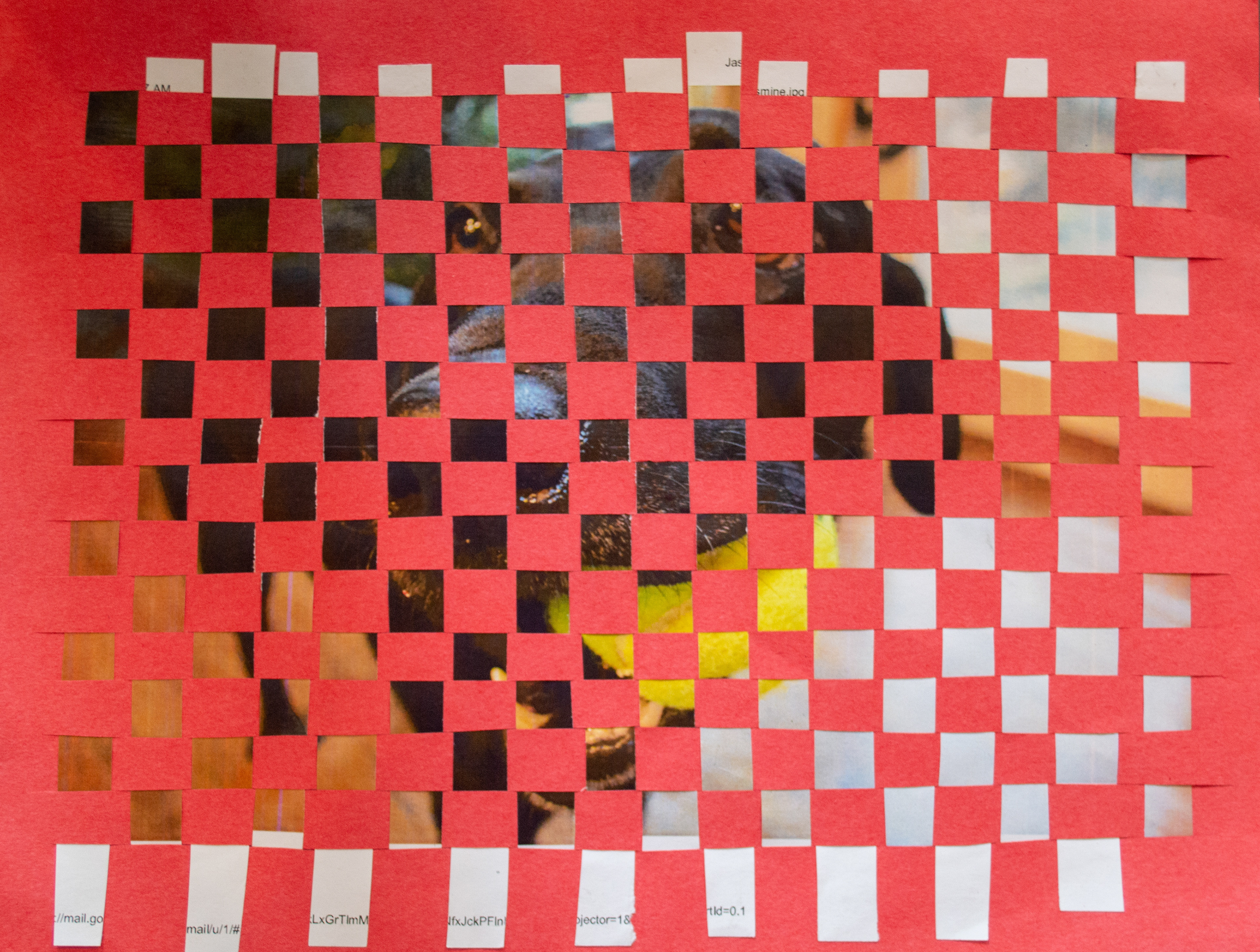 Paper weaving with original photography and red construction paper
