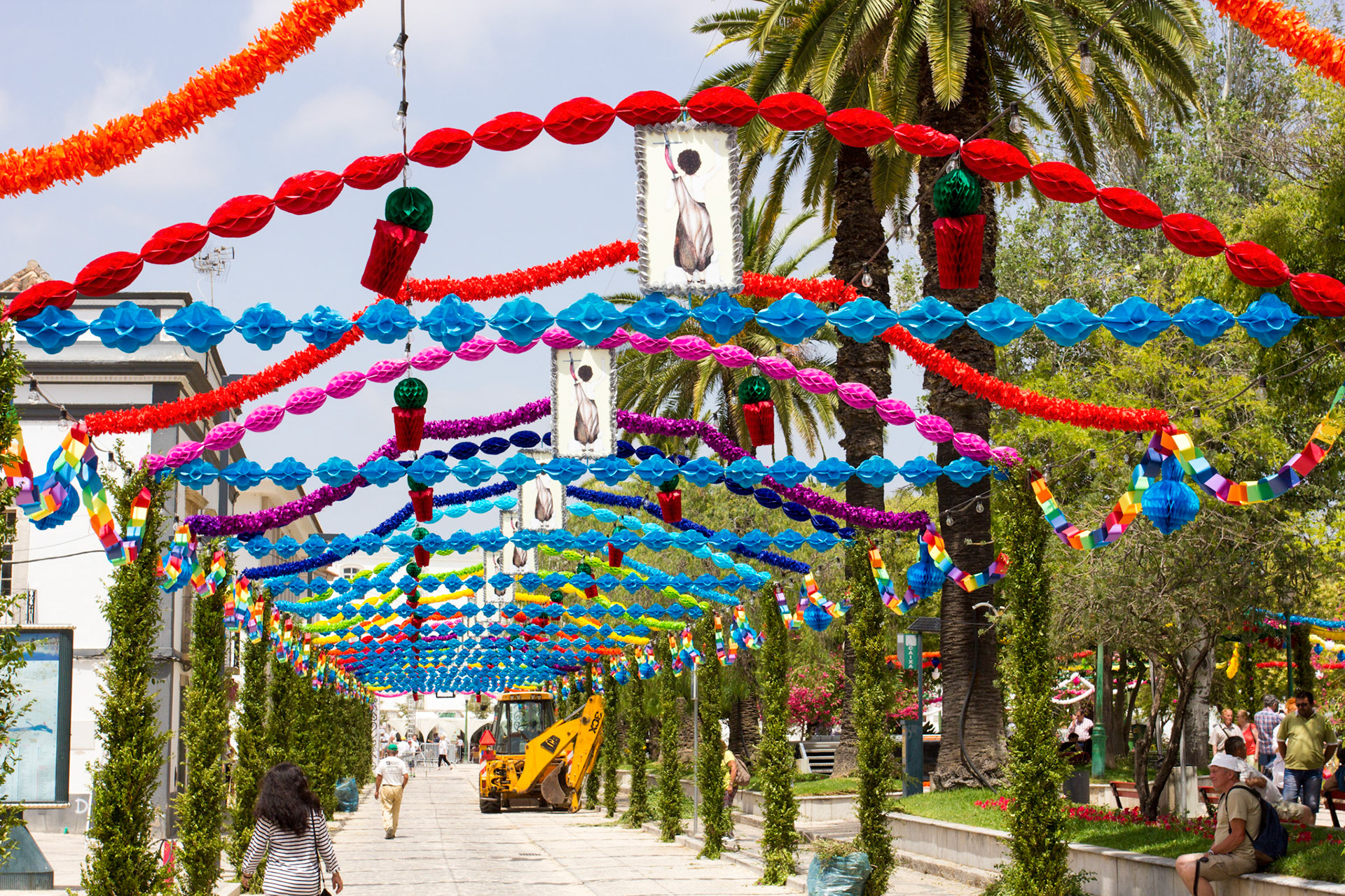The street getting prepared for the Arraiais dos Santos Populares (or in English The Celebration of the Popular Saints). I don't know if they ever celebrate the unpopular saints! The JCB did eventually move.