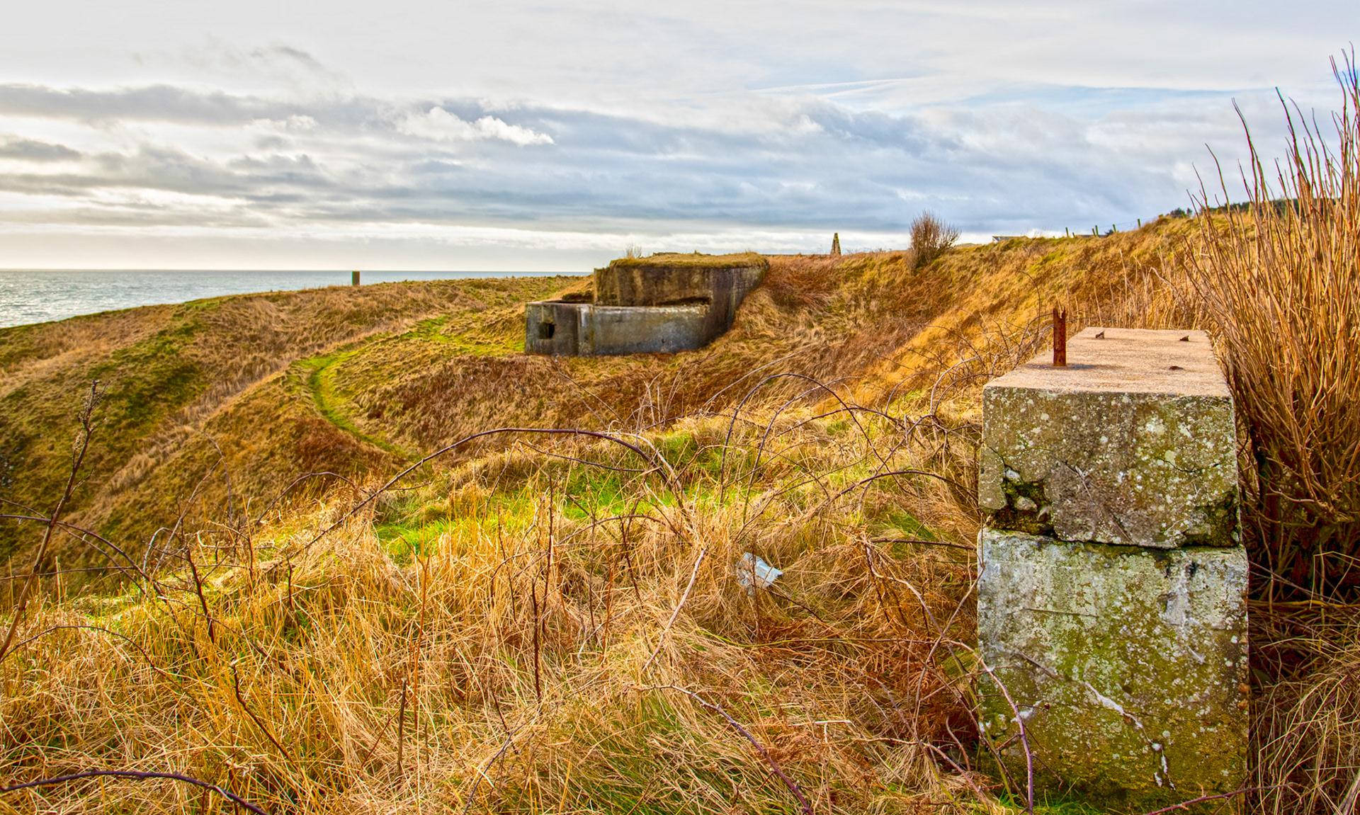 Altens Haven - Walk Cove to Aberdeen 27 January 2024About 40m NNE of this large concrete chamber the concrete base of another structure can be seen. This measures 3.85m from NE to SW by 3.7m transversely and up to 0.4m in height on the SW. The steel studs or bolts that have once secured the superstructure to the base protrude on the NE and SE sides. Immediately to the seaward side there is a concrete wall measuring 3m in length from NE to SW by 0.6m in thickness and about 1.5m in height. The remains of four angle-irons are set into the top of the wall and at ground-level midway along it an aperture 0.65m in width is visible. Surviving remains elsewhere along the coast suggest that these structures represent winching apparatus to carry material between the top of the cliff and the beach below. The small building would have housed a petrol or diesel winch and the concrete block was the foundation of a metal tower to carry the winch-line clear of the cliff-face.