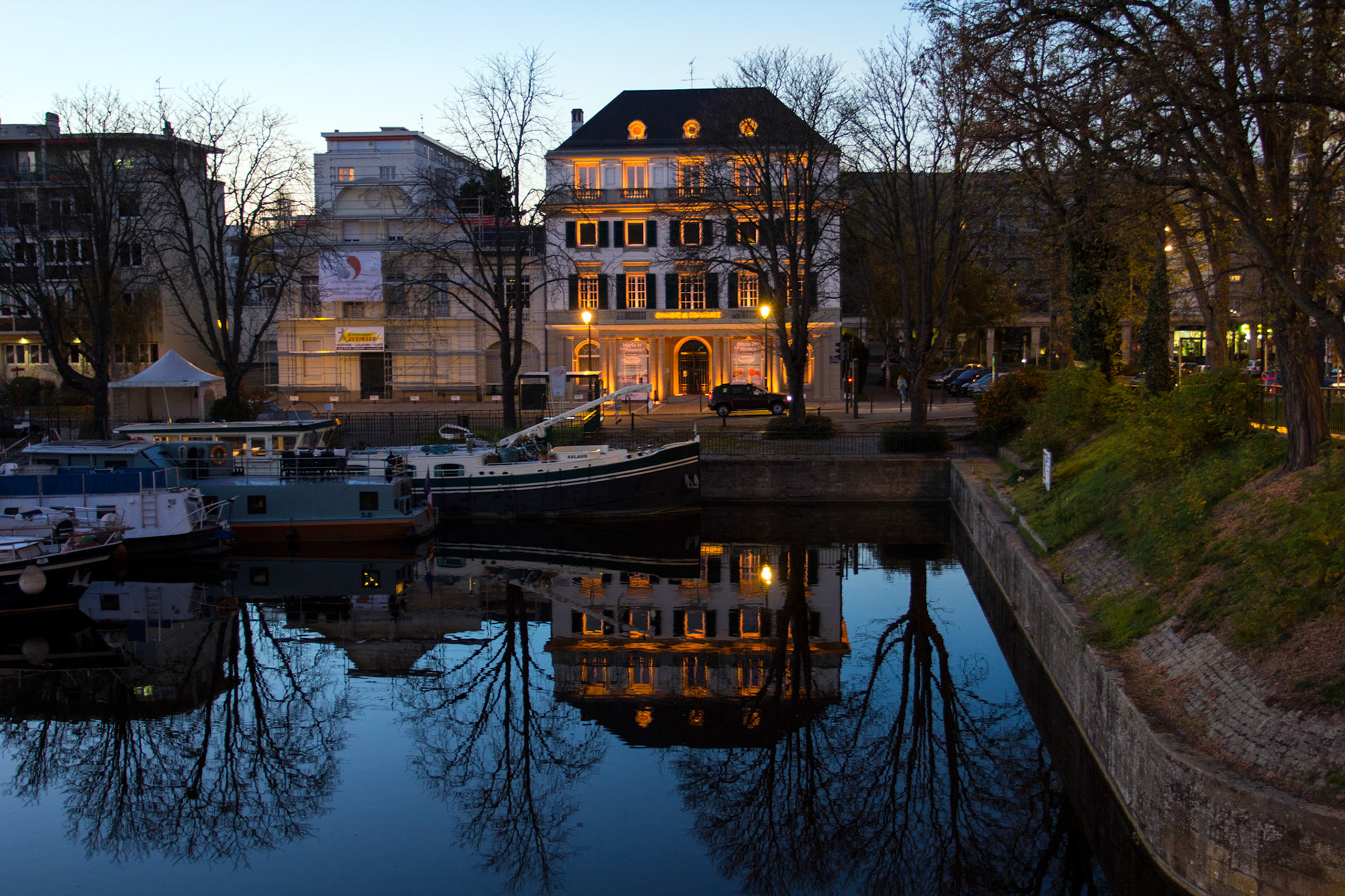 Walking to my hotel on the first night in Mulhouse. This canal basin is straight across from the main railway station. This is Port de Plaisance in the Vieux Bassin.