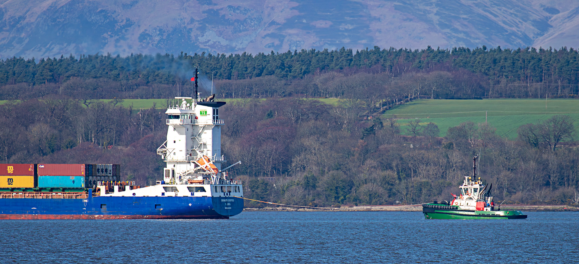 Bo'ness 19 March 2026. Peterel following Bernhard Schepers (Container Vessel) in to Grangemouth Docks.