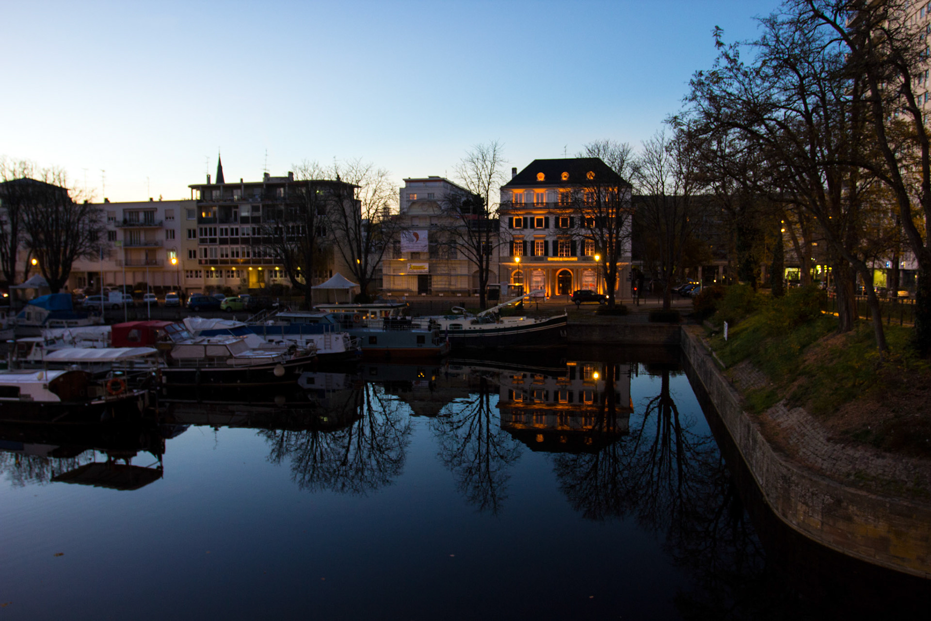 Walking to my hotel on the first night in Mulhouse. This canal basin is straight across from the main railway station. This is Port de Plaisance in the Vieux Bassin.