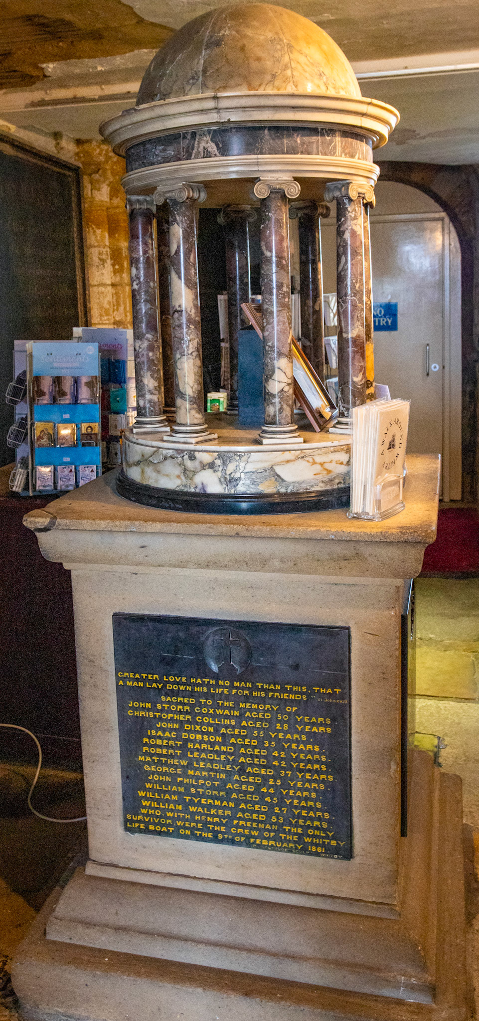 Whitby 24 March 2026The memorial in St Mary's Church to the Lifeboat wreck on 9 February 1861. A great storm wrecked more than 200 ships on the east coast. The Whitby lifeboat crew launched five times to rescue stricken vessels, but on their sixth launch, tragedy struck. A freak wave hit the lifeboat, which capsized, and all but one of the crew were lost.Henry Freeman survived because he was wearing a new design of Cork Life Jacket.