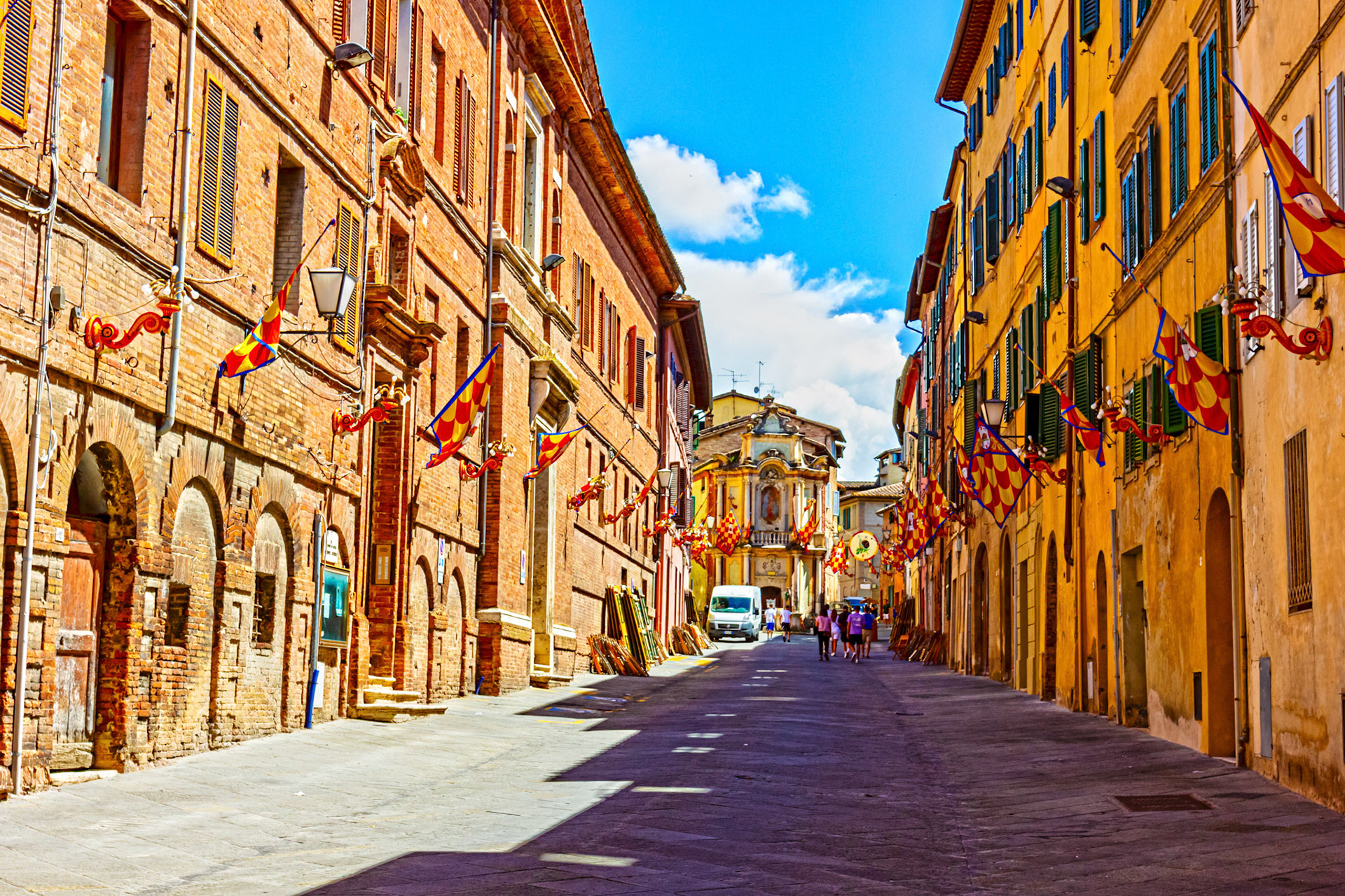 Street scene in Siena with Palio decorations - 26 June 2024