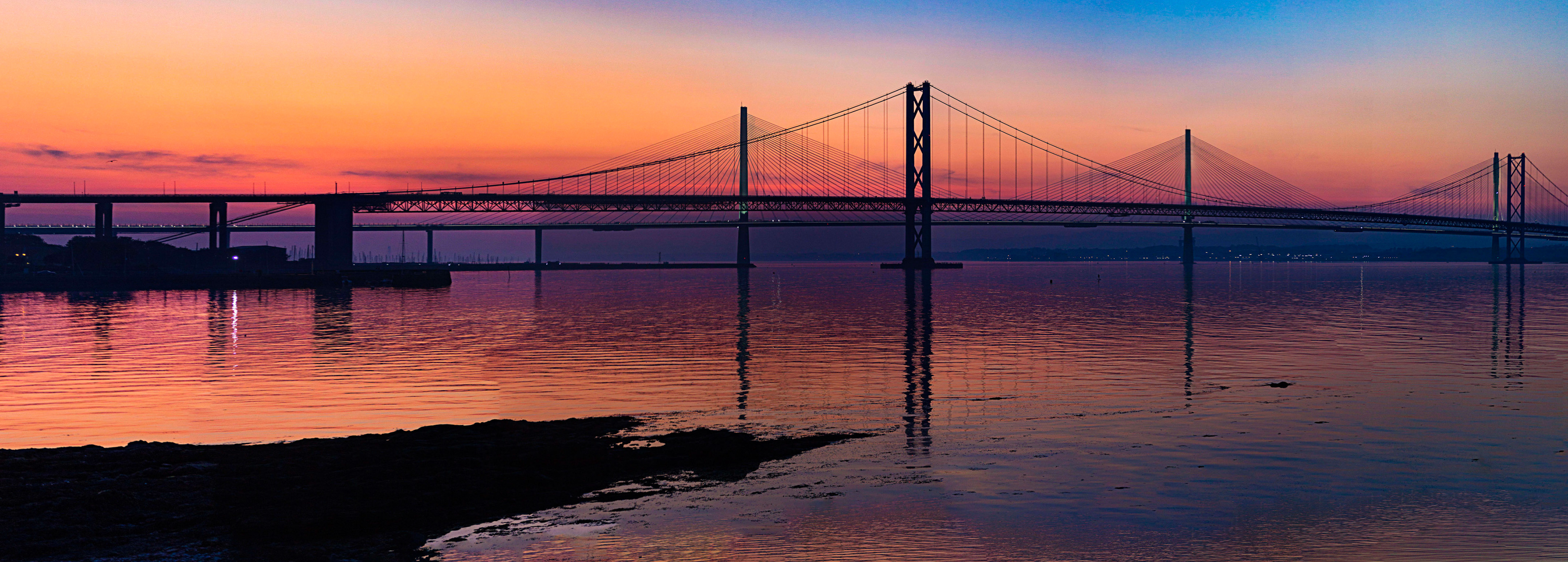 Sunset at Forth Road Bridge &amp; Queensferry CrossingPlease see my other Photographs at: www.jamespdeans.co.uk