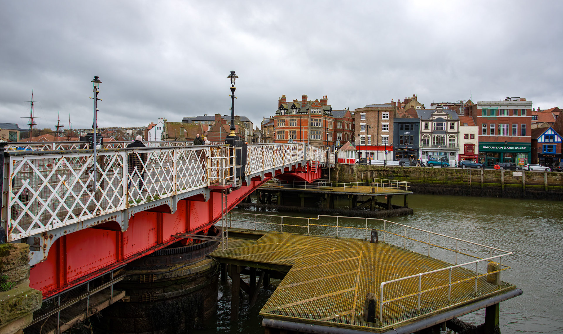 Whitby 24 March 2026The present Whitby Bridge was built 1908 to July 1909. It was designed by J. Mitchell Moncrieff who later became President of the Institution of Structural Engineers.It was found as the foundations for the bridge progressed, that there was a 10 inch thick coal seam 26 feet below the mean low water level. So the foundations had to be dug 32 feet (9.8 m) below the mean low water mark to make a good foundation.The weight limit for the bridge was reduced to 7.5 tonnes (8.3 tons) in 2011.