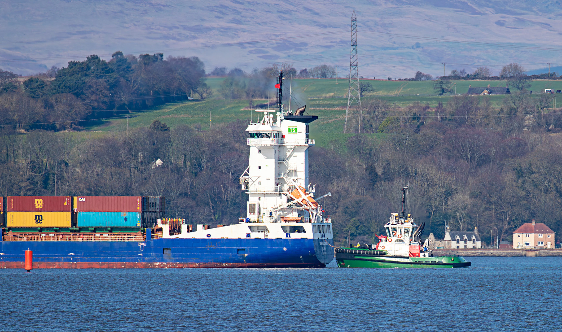Bo'ness 19 March 2026. Peterel following Bernhard Schepers (Container Vessel) in to Grangemouth Docks.