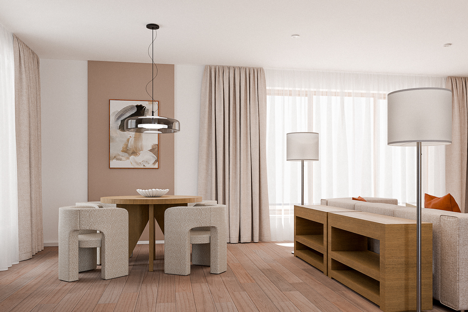 Intimní jídelní kout s oblými prvky Návrh interiéru, kde se měkkost tvarů setkává s přirozeným světlem a harmonickým laděním.