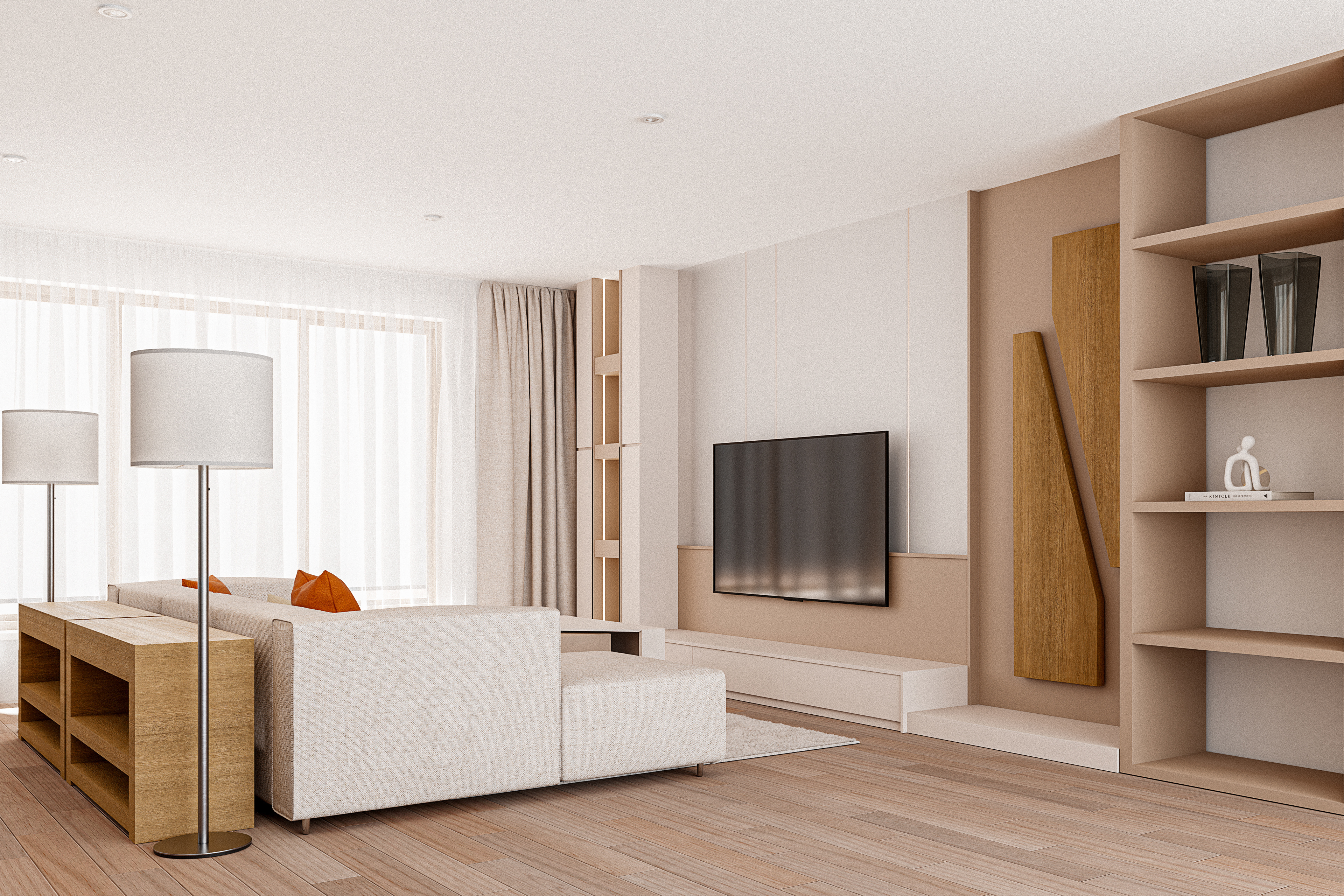 Obývací část propojená s knihovnou Lehkost, funkčnost a elegance v jednom prostoru. Každý detail má své místo.