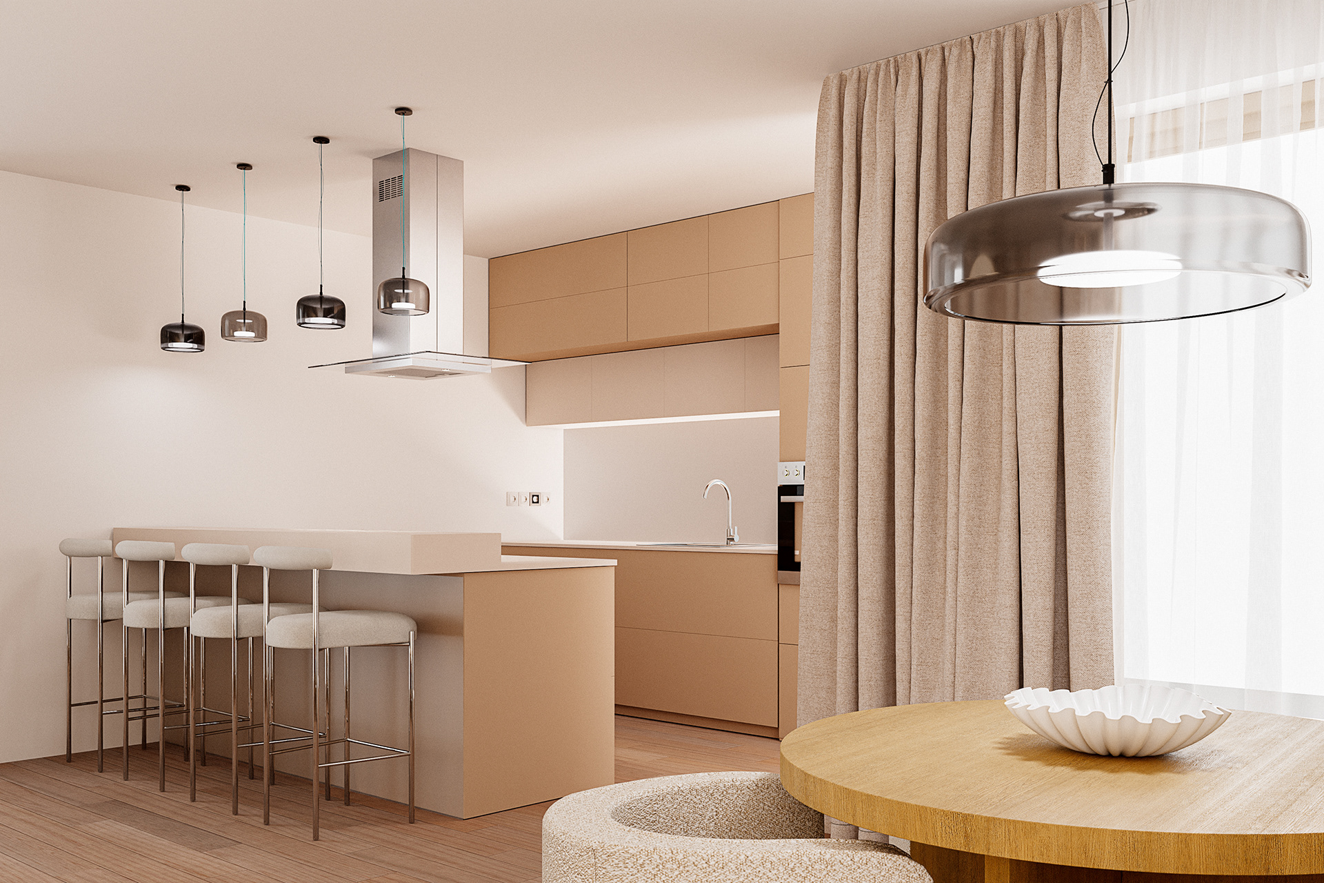 Kuchyň s ostrůvkem a jemnými liniemi Moderní návrh kuchyně s důrazem na klidné tóny, čisté linie a praktické uspořádání.