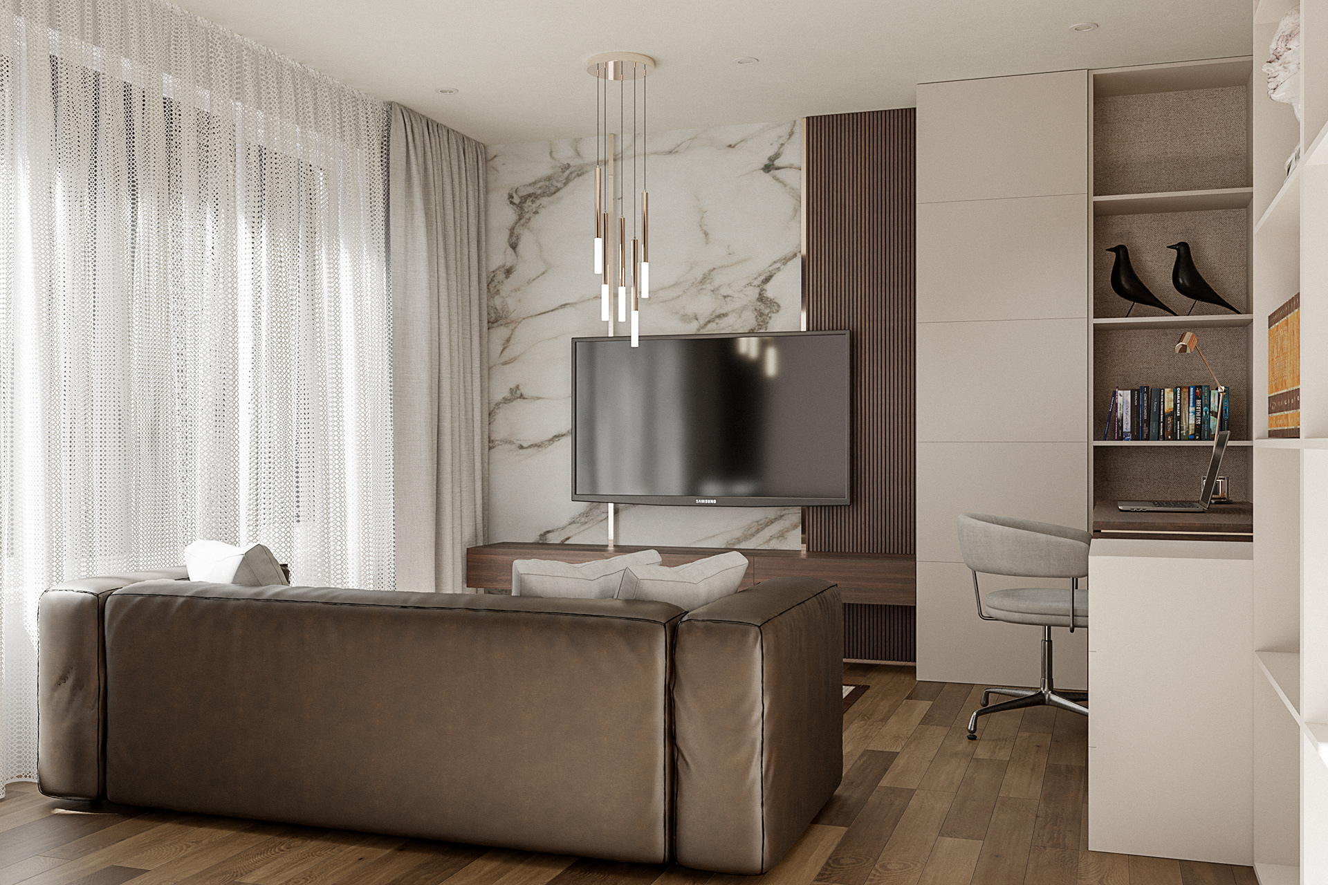 Návrh obývacího pokoje s ořechovým odstínem a mramorem. Zemitá barevnost, textura a tlumené světlo vytvářejí atmosféru klidu a pohodlí.