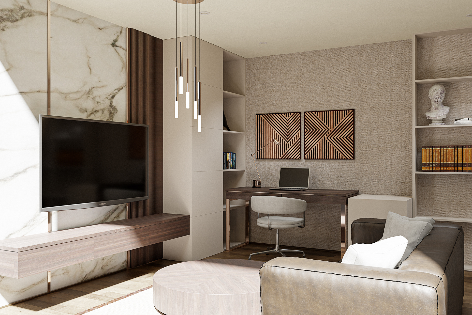 Multifunkční prostor s důrazem na detail Kombinace pracovního koutku a obývací části v moderním, ale nadčasovém pojetí.