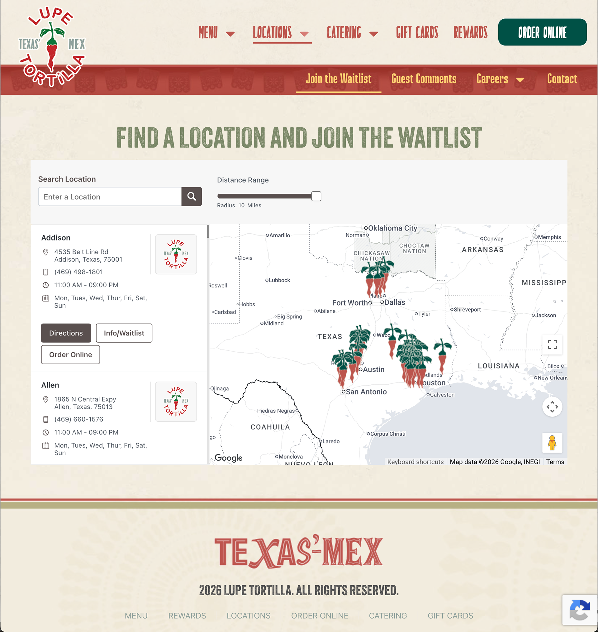 Lupe Tortilla Restaurants 2026 website location search page.
