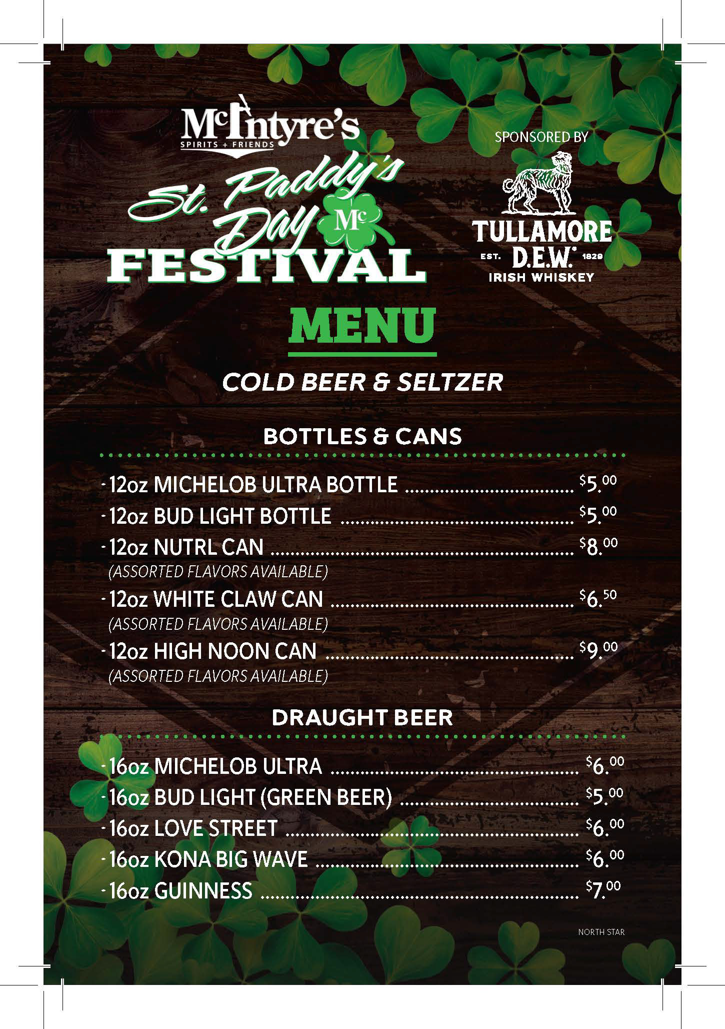 McIntyre's USA St. Paddy's Event Specialty Drink 4x6" Print Menu — Front