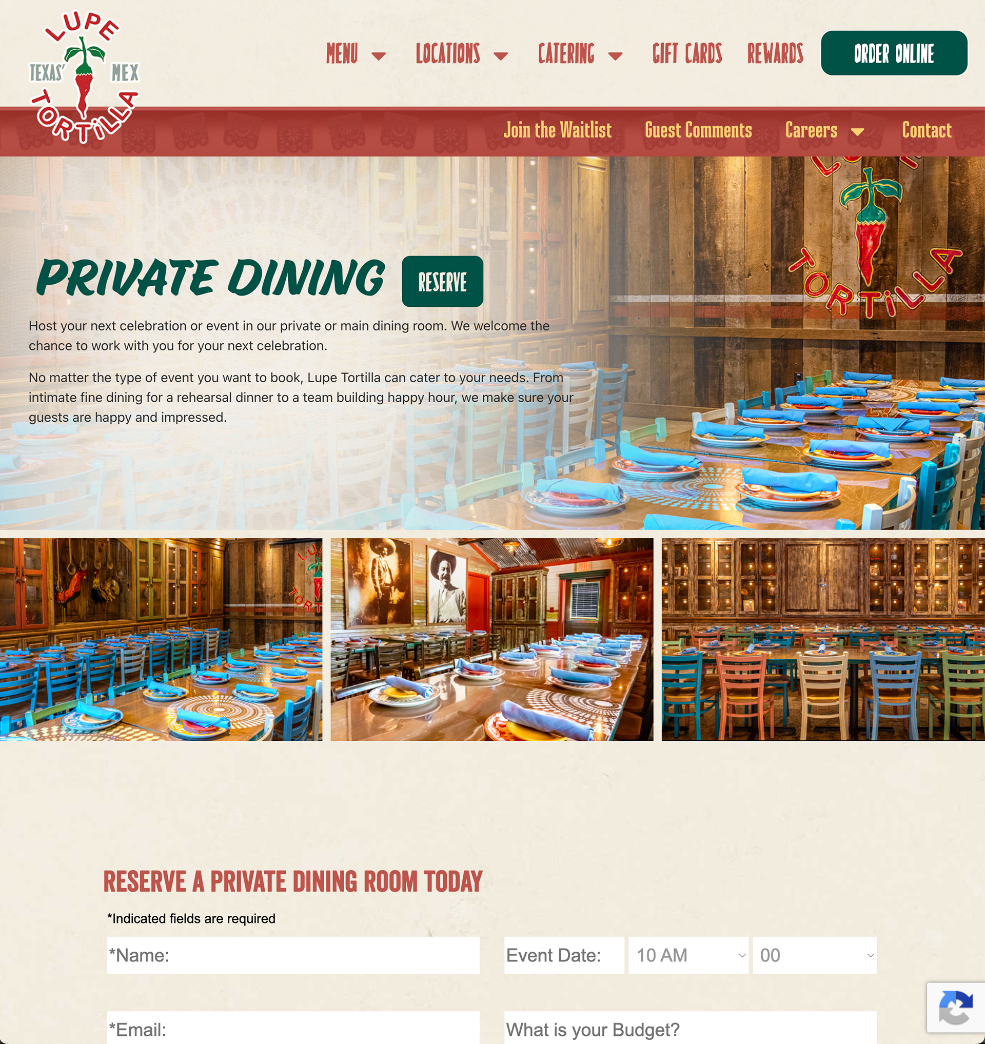 Lupe Tortilla Restaurants 2026 website Catering private dining page.
