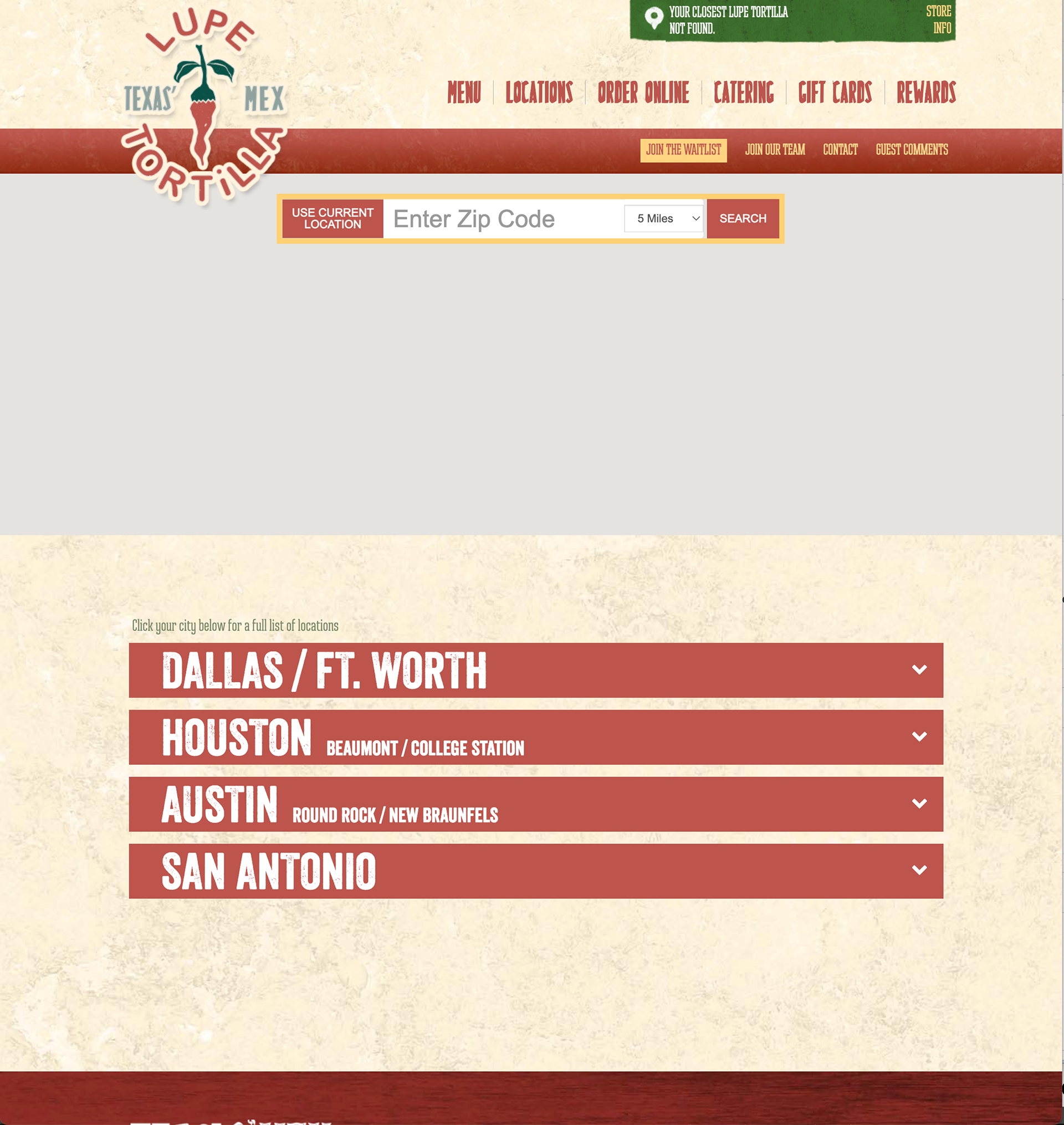 Lupe Tortilla Restaurants 2021 website location search page.