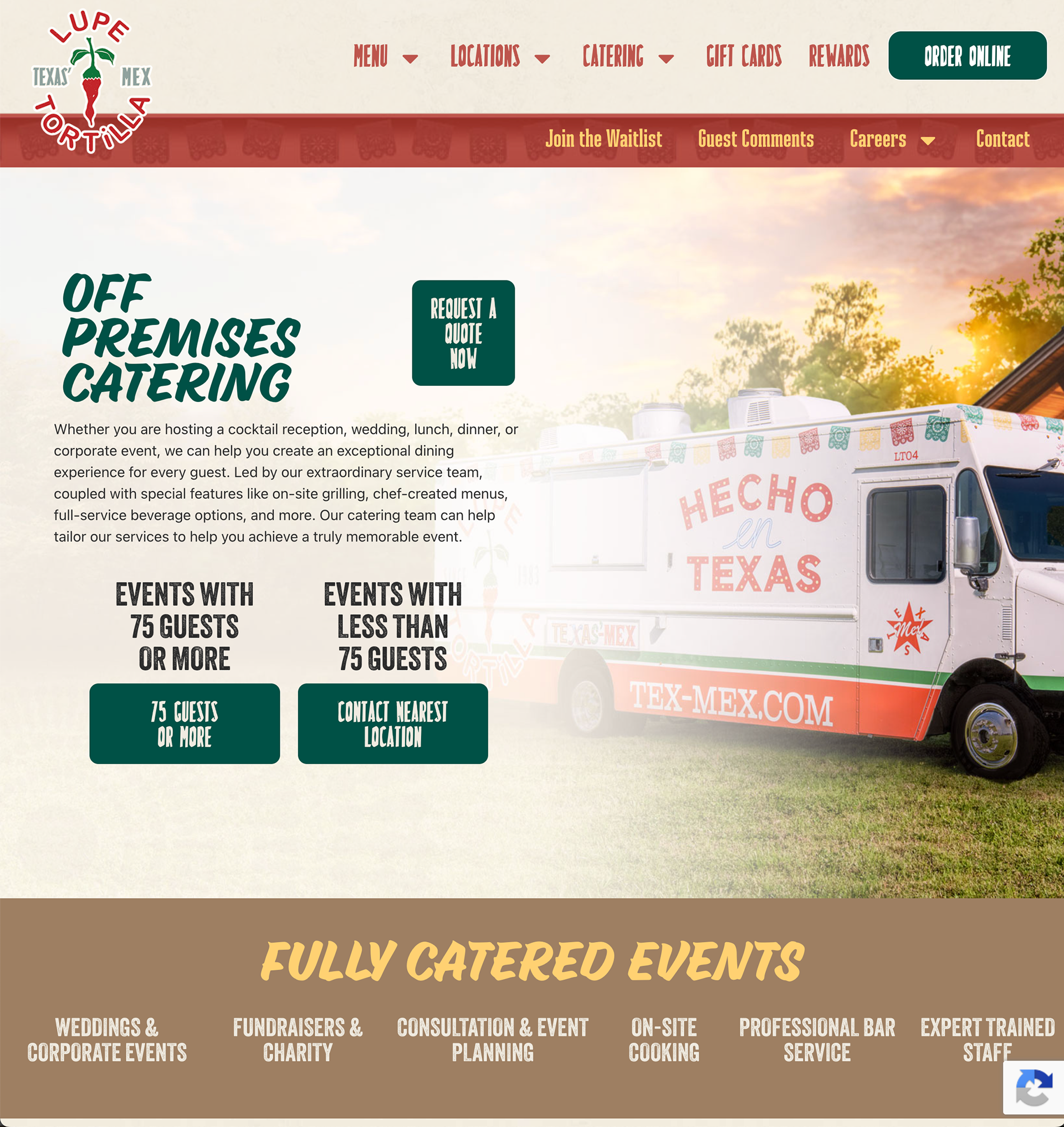 Lupe Tortilla Restaurants 2026 website Catering off-premise catering page.