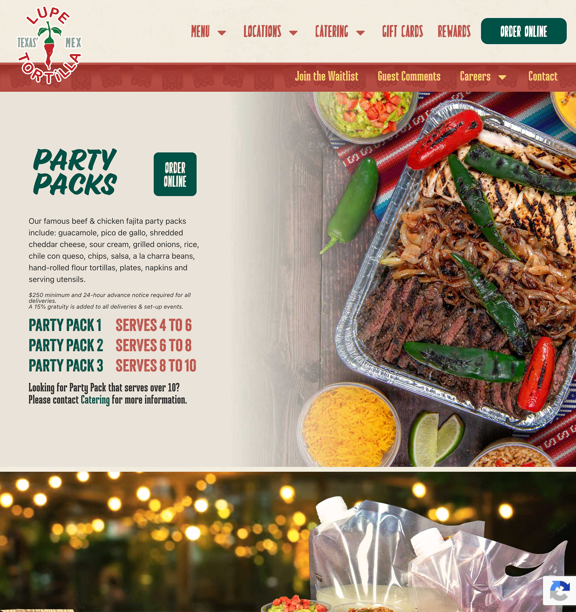 Lupe Tortilla Restaurants 2026 website Catering to-go party packs page.