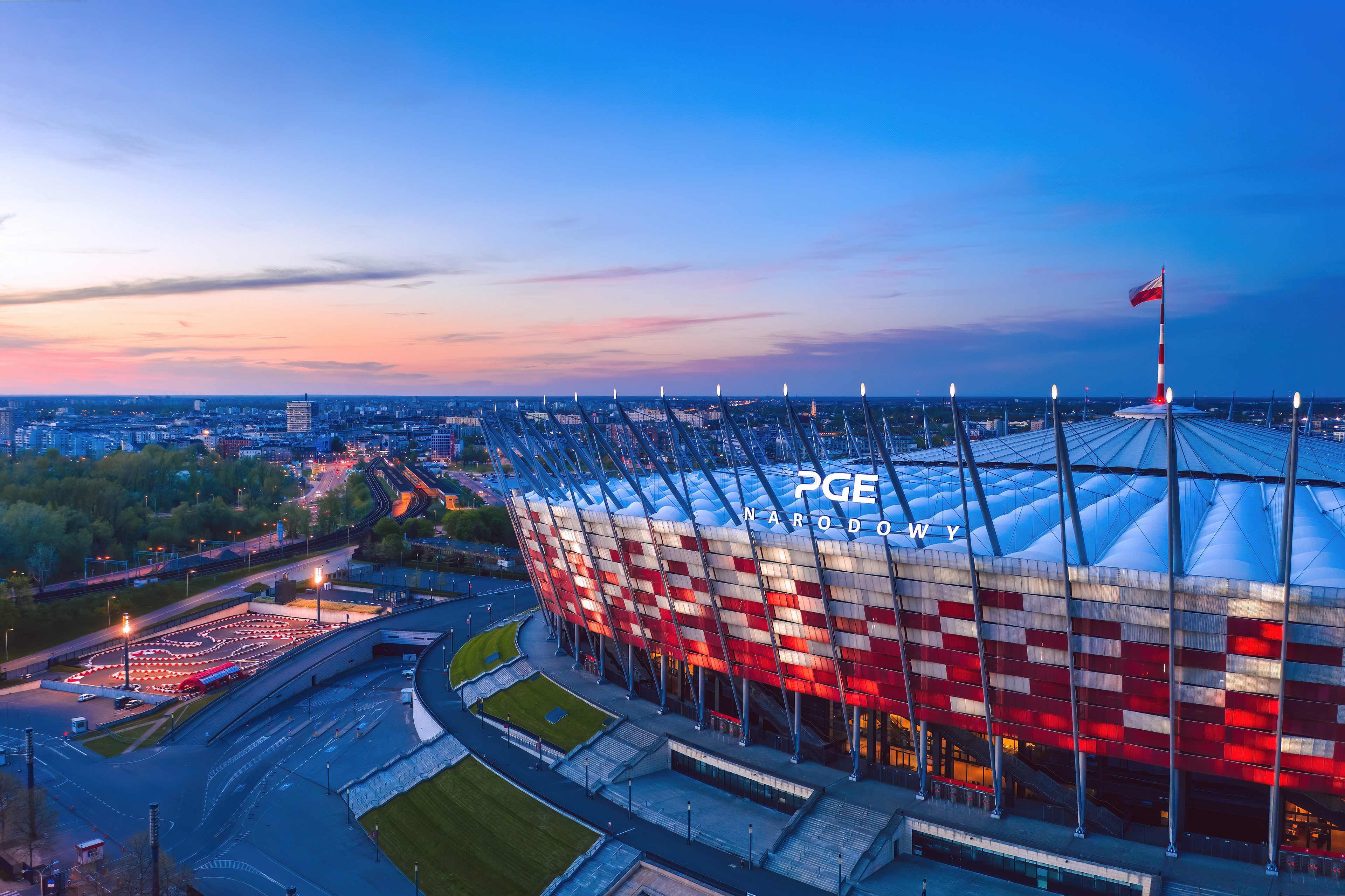 Aerial view of PGE Narodowy at sunset