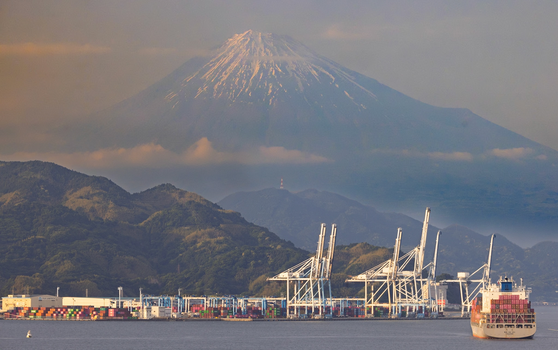 Entering Shimizu harbour with Fuji in the background