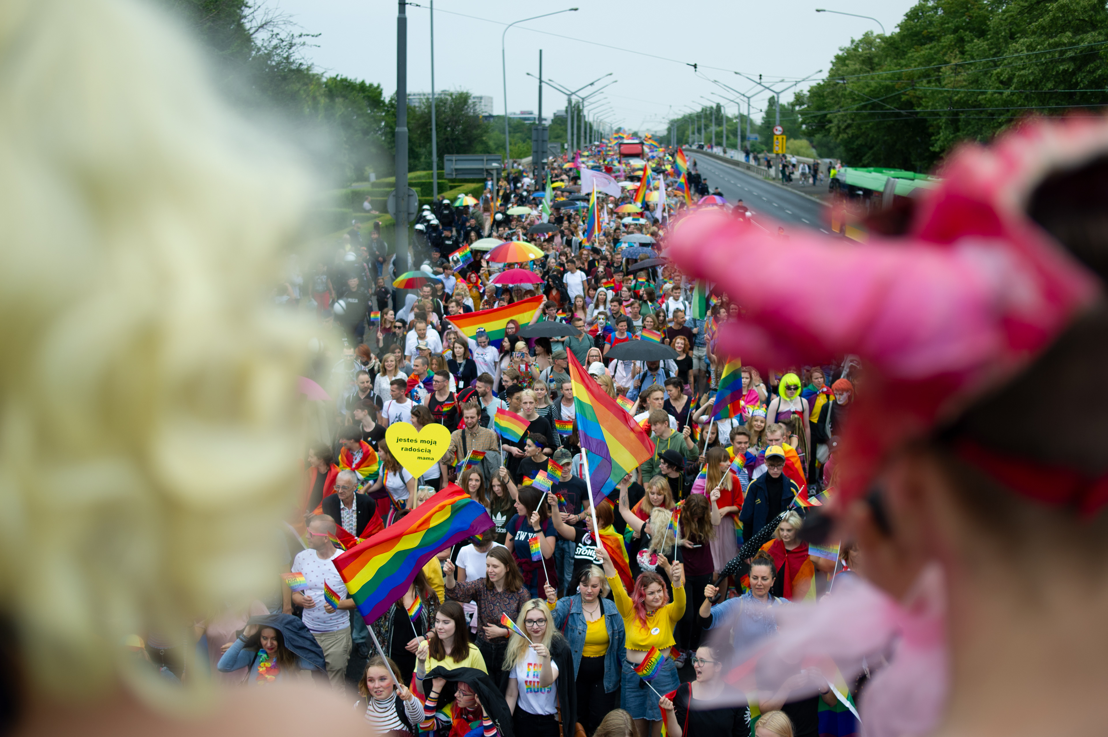 People take part in the Poznań Pride parade organised in the occasion of the Pride Month on July 6, 2019 in Poznań, Poland.