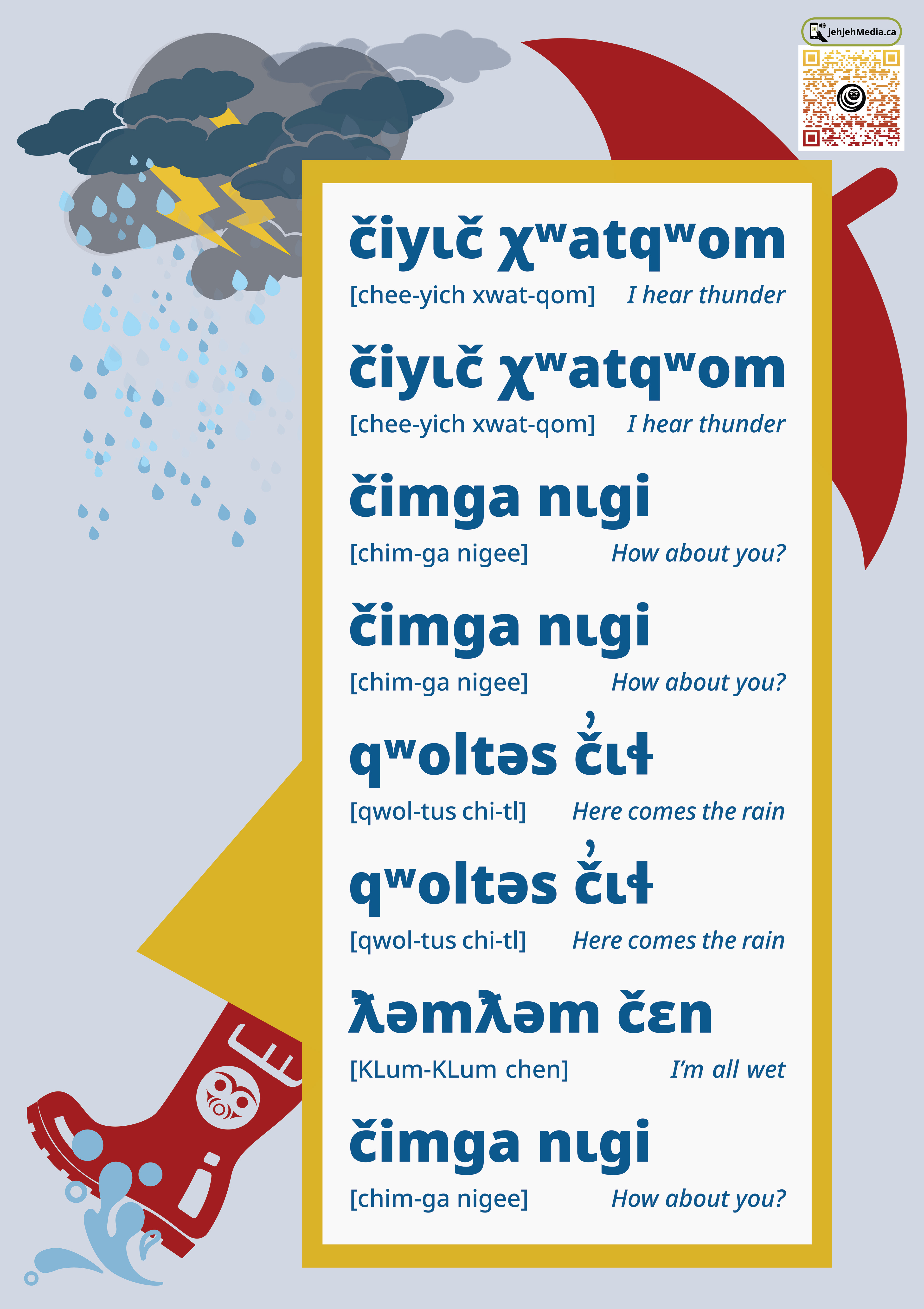 A classroom poster co-created by Zoe as part of a curriculum set for teaching ʔayʔajuθum in the classroom.