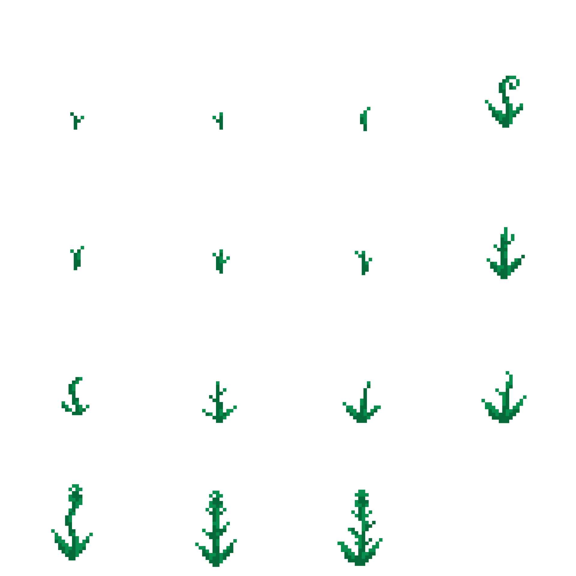 Sprite sheet for the growth cycle of stages 1-4 (3 possible variations for each stage)