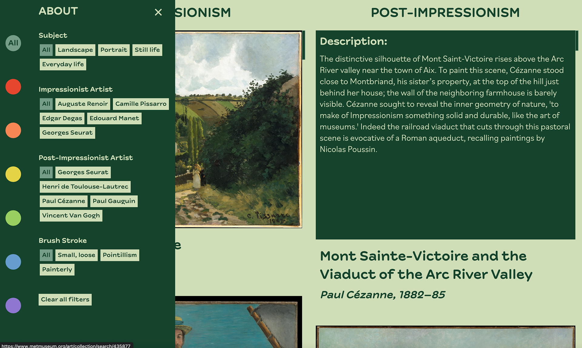Filter options & hover effect to reveal painting description.