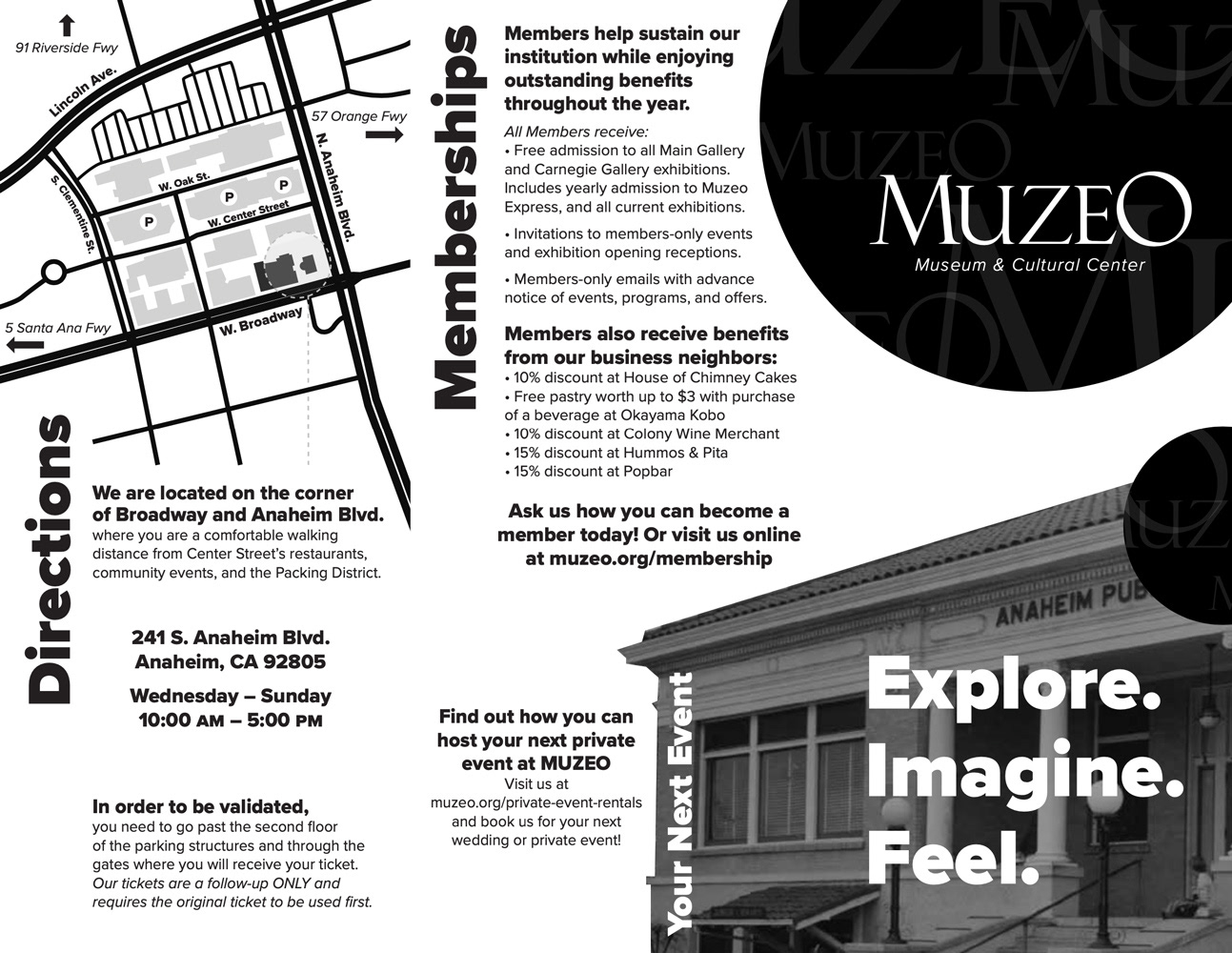 MUZEO Visitor Tri-Fold – Front Panel, intended to be printed on the front-desk printer on-demand