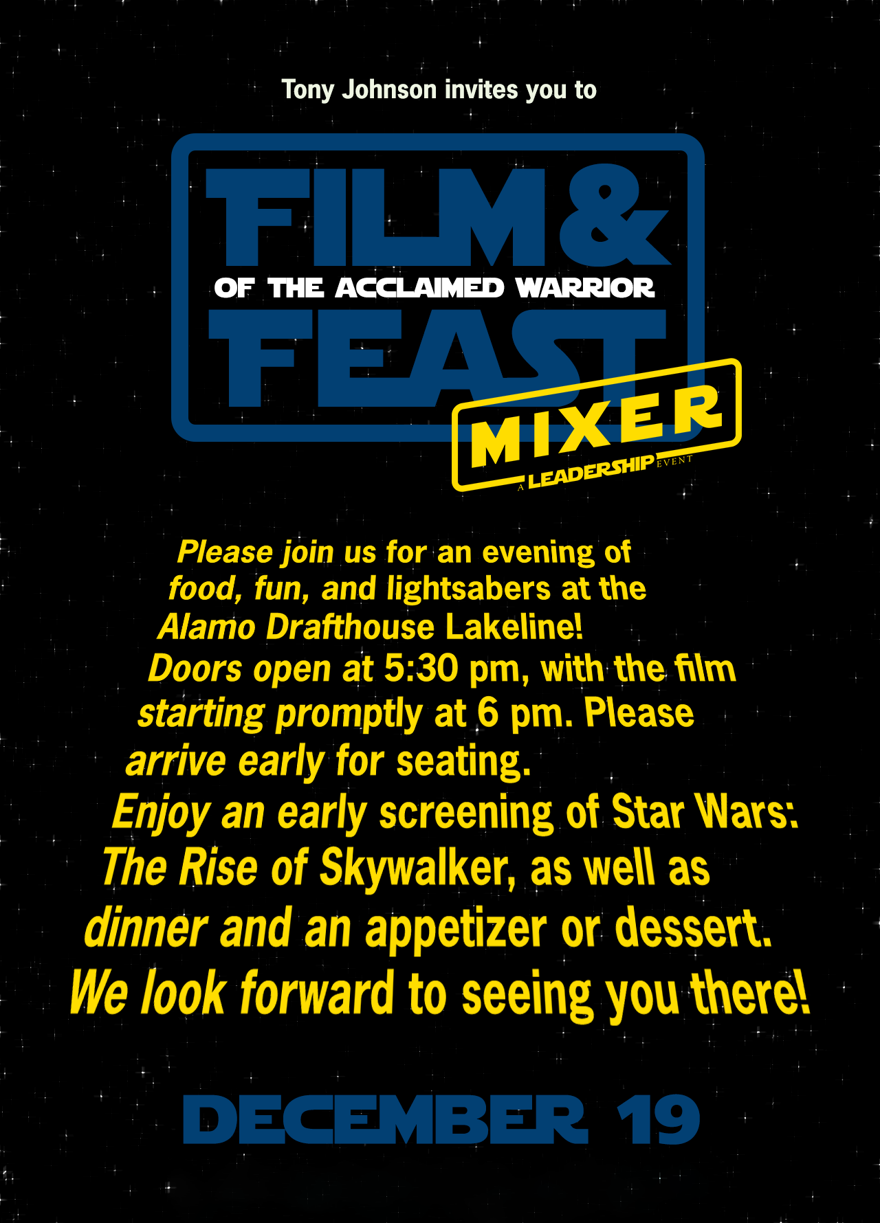 Star Wars Themed Flyer created for Blizzard Austin’s Manager RecognitionMovie Event at Alamo Drafthouse