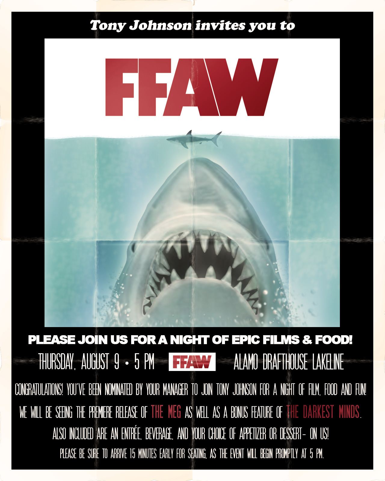 Jaws Themed Flyer created for Blizzard Austin’s Manager Recognition Movie Event at Alamo Drafthouse