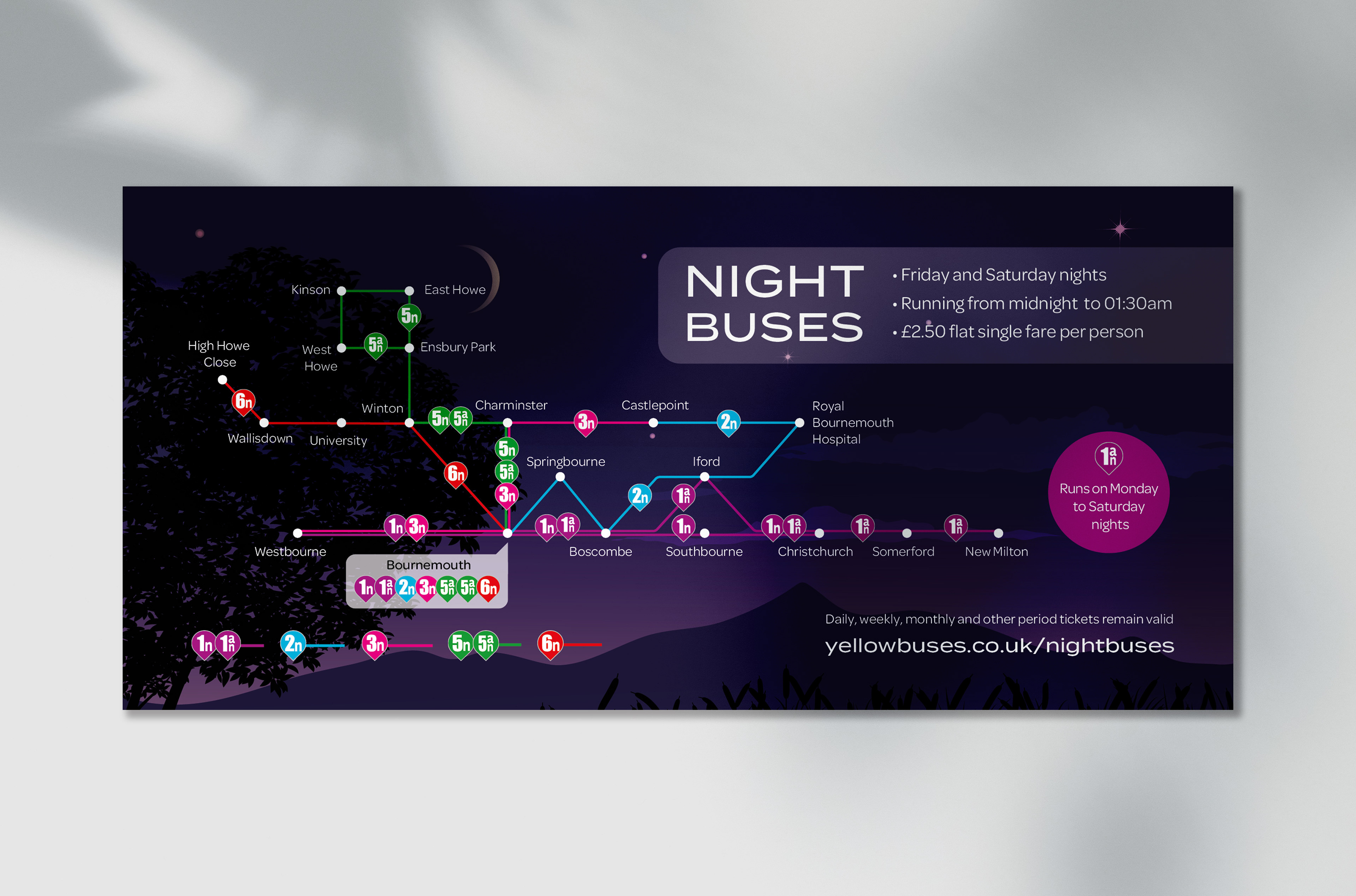 Night bus map, map designer, map advert, transport map, transport map designer