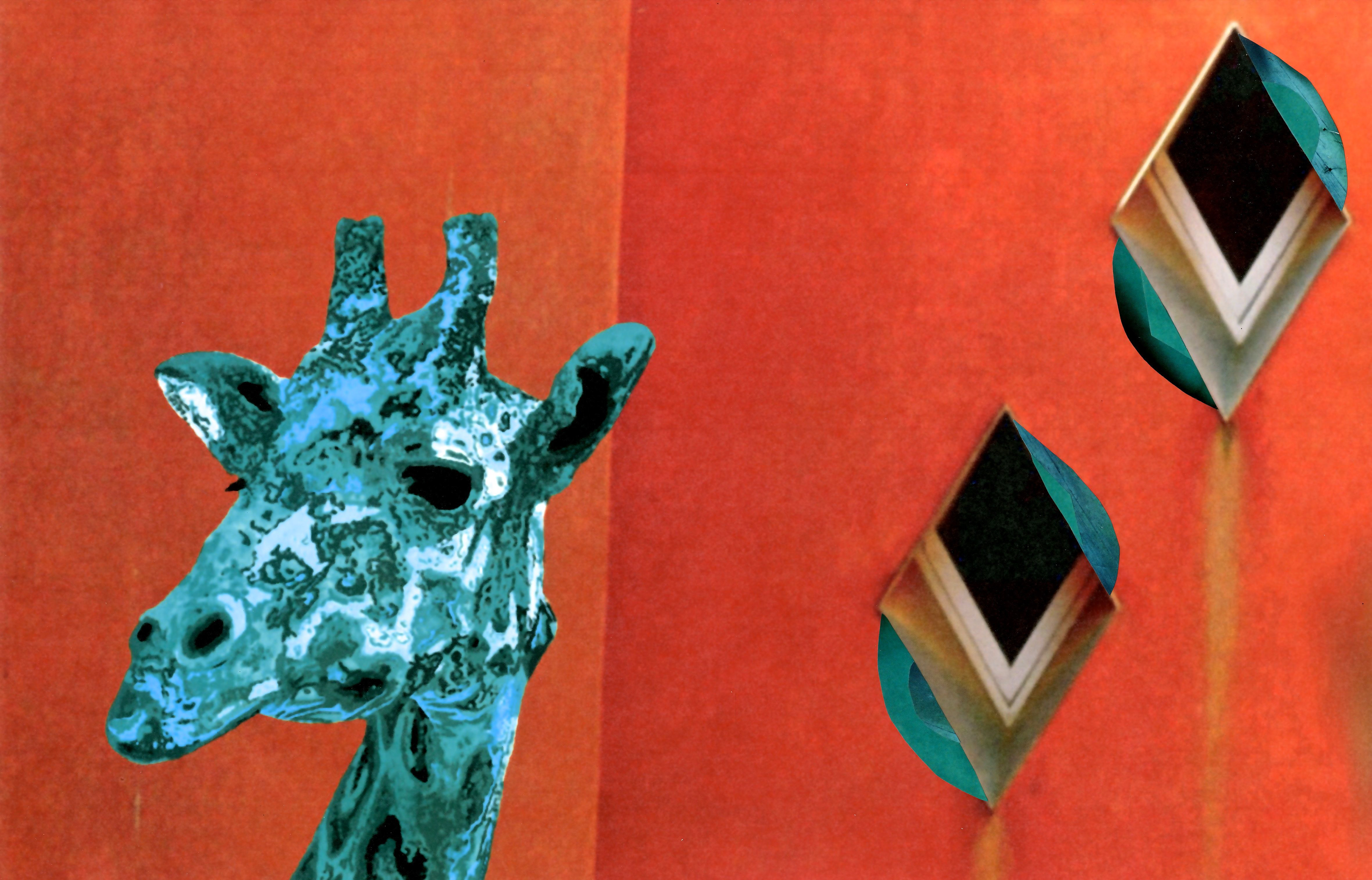 blue-green digitally altered giraffe against orange wall