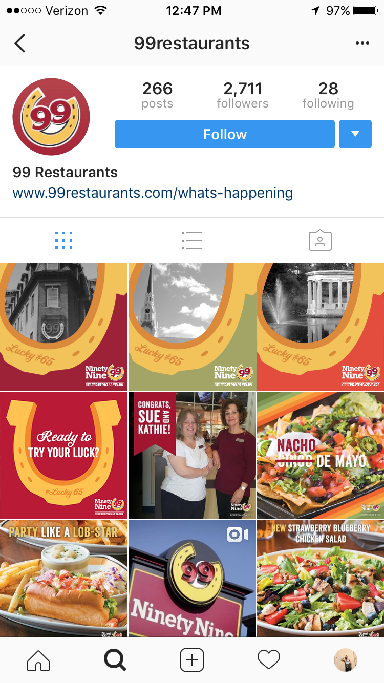 preview of 99 Restaurants' instagram (mobile) page with sample posts